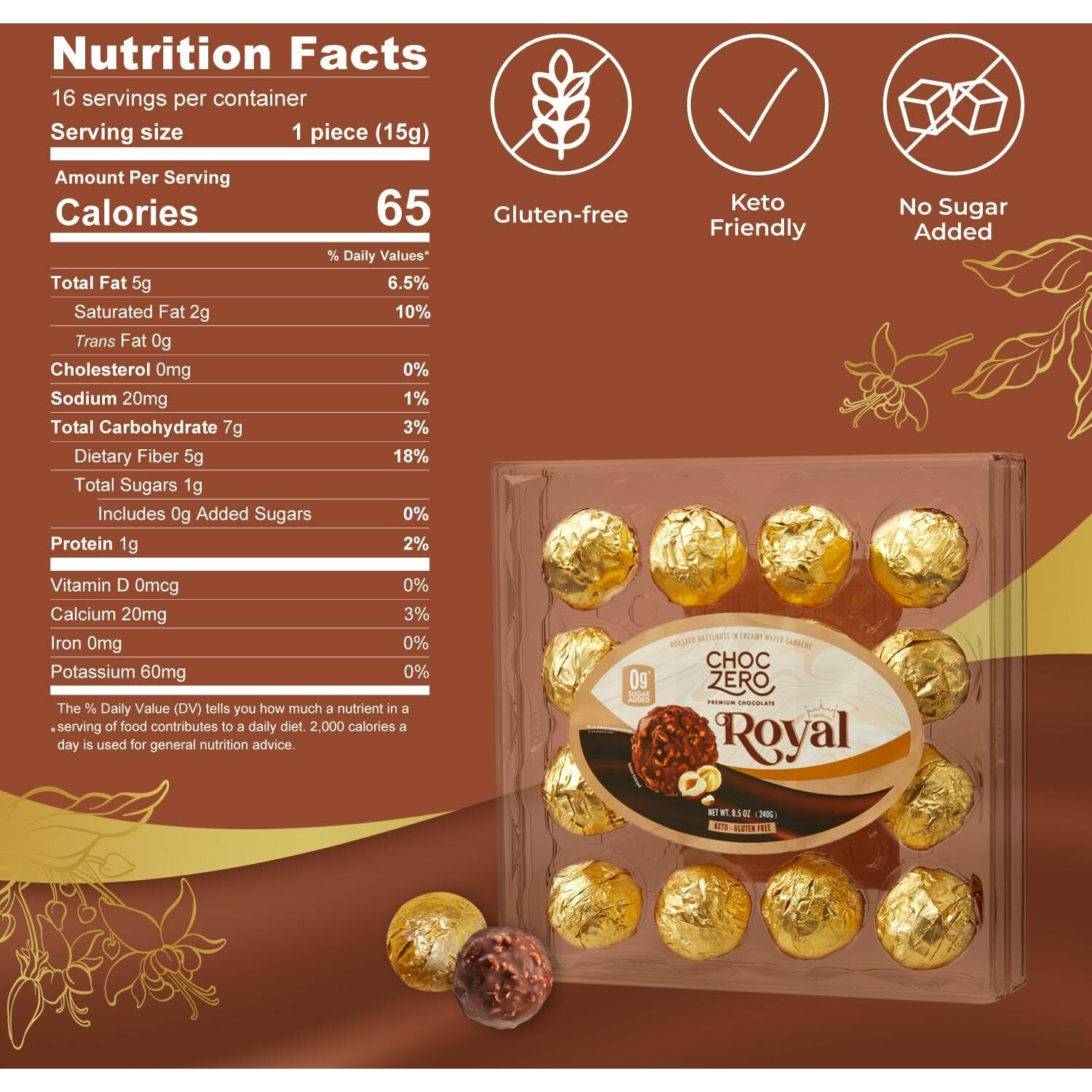 Choczero Keto Chocolate Truffle Gift - Premium Healthy Chocolates - Low Carb Present - Zero Sugar Individually Wrapped Hazelnut Truffles - 16 Truffles, 8.5 Ounces Total