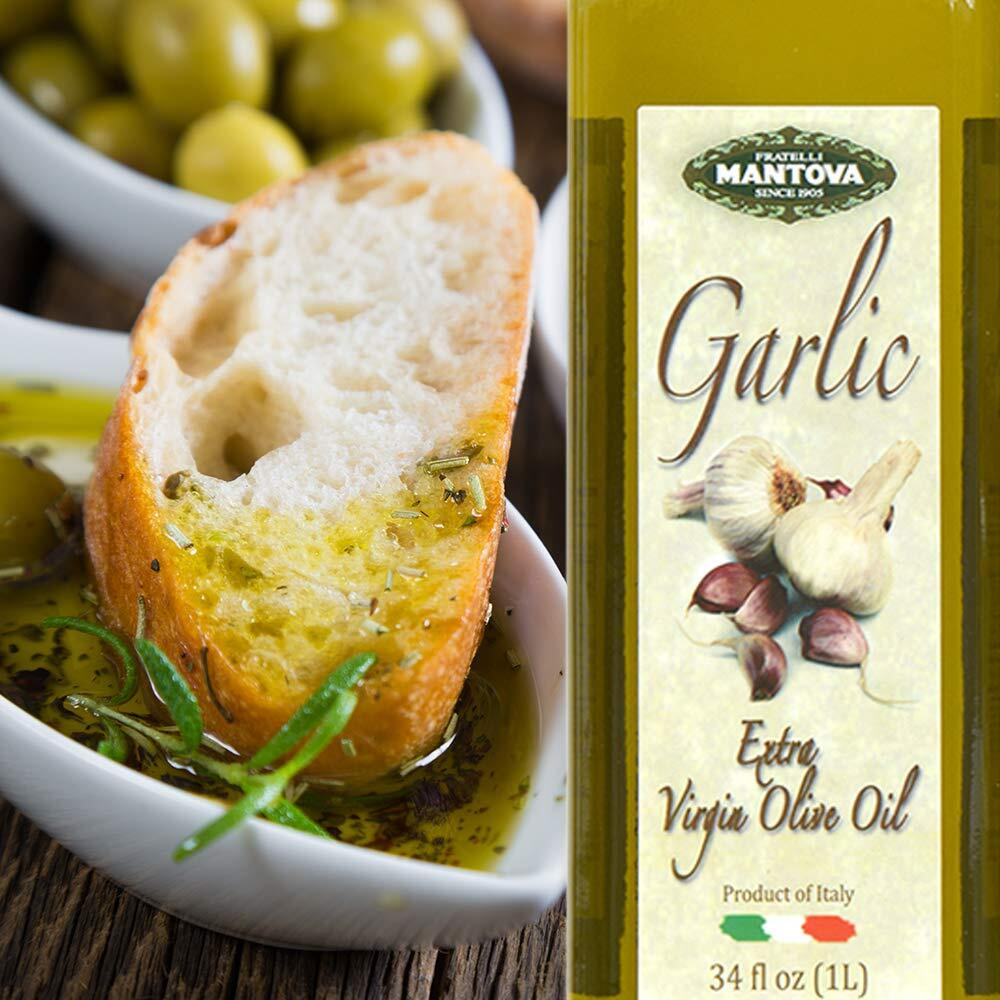 Mantova Garlic Extra Virgin Olive Oil (Evoo), Cold-Pressed, Imported From Italy. Topping For Salad, Vegetables, Pasta Salad. Perfect For Dipping Italian Bread Or Pan Frying. (2-Pack)