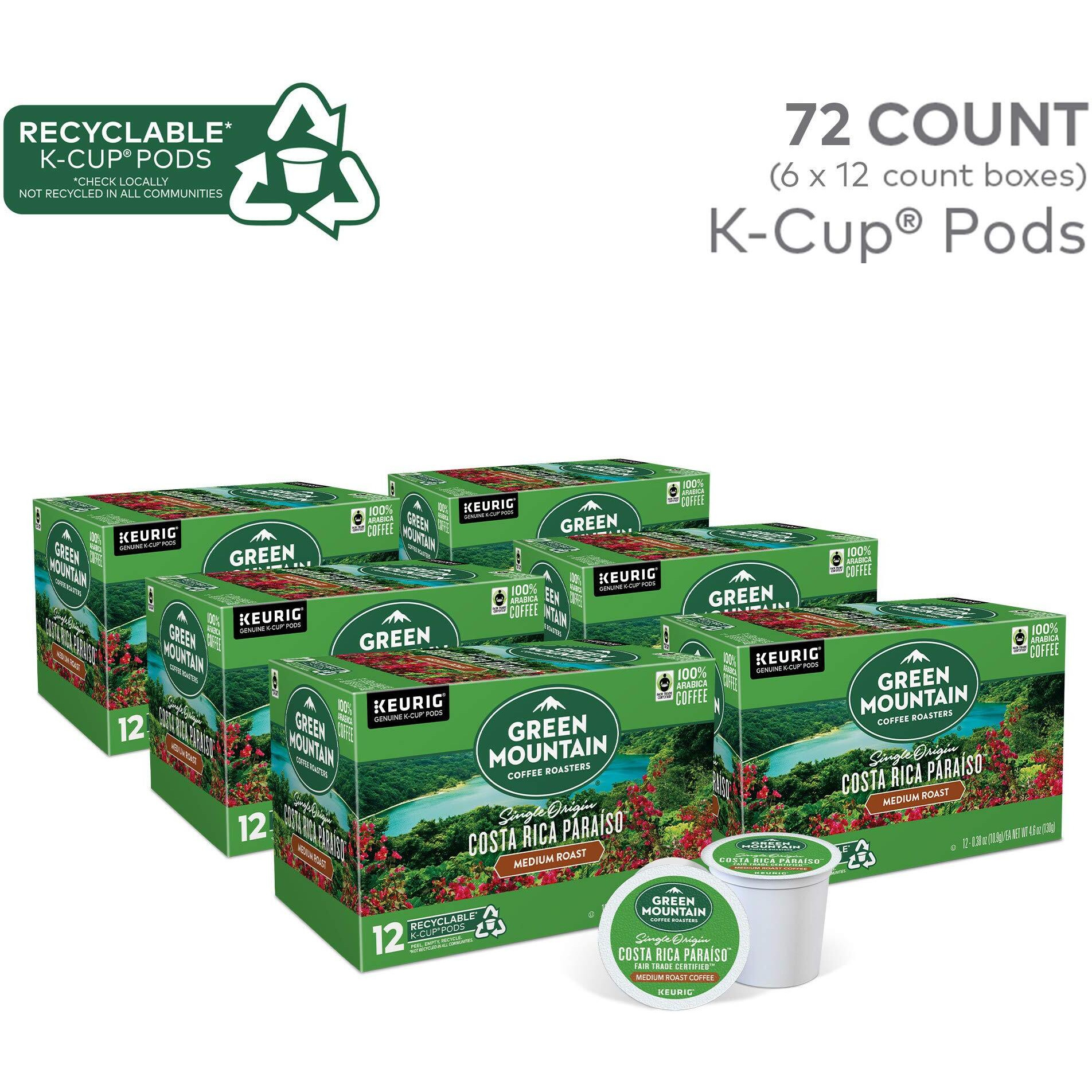 Green Mountain Coffee Roasters Costa Rica Paraiso Single-Serve K-Cup Pods, Medium Roast Coffee, 72 Count (6 Packs Of 12)