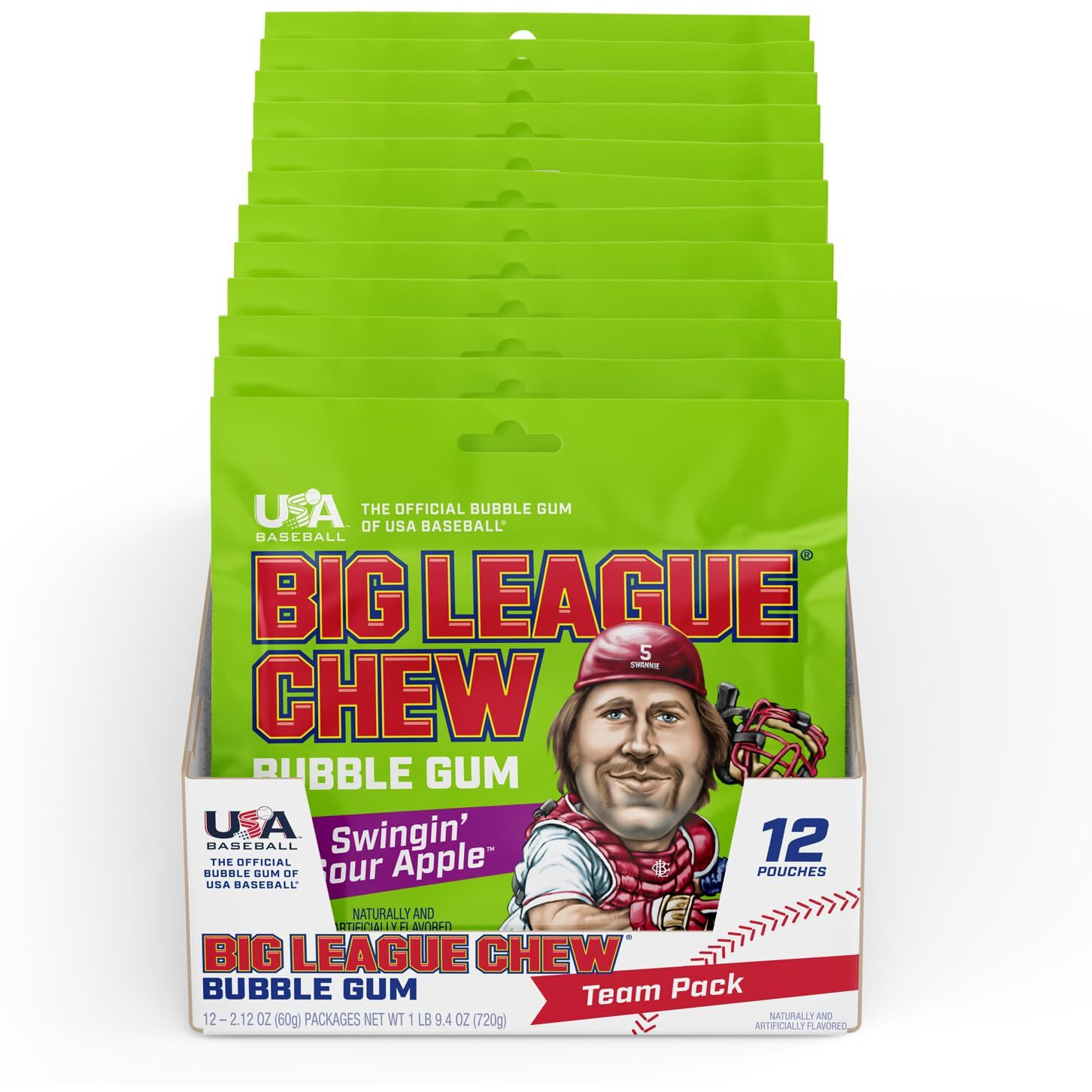 Big League Chew Swingin' Sour Apple Bubble Gum - Tart & Tangy Apple Flavor Burst | Ideal For Baseball Games, Teams, Concessions, Parties, And More | Pack Of 12 Bags (2.12Oz Each)