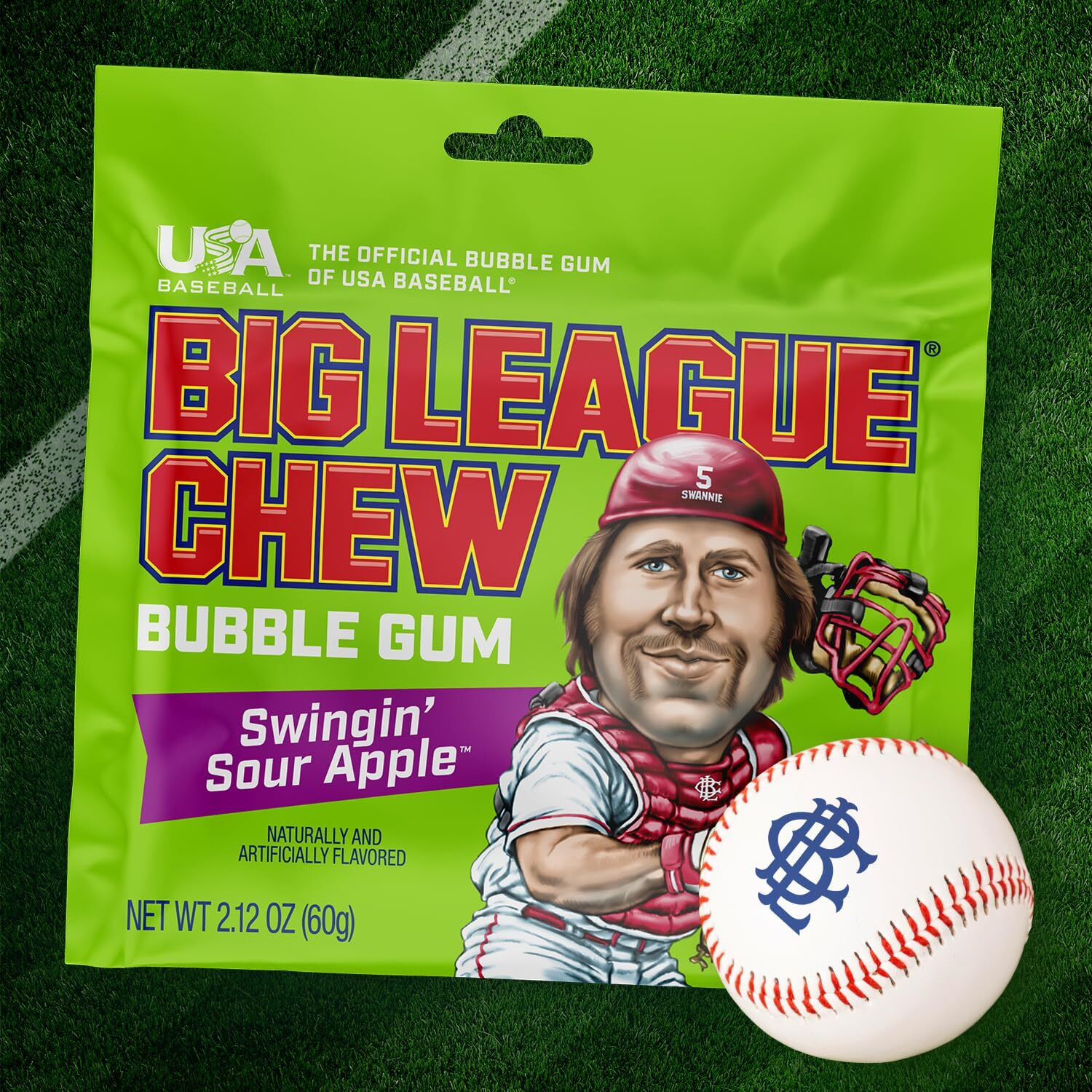 Big League Chew Swingin' Sour Apple Bubble Gum - Tart & Tangy Apple Flavor Burst | Ideal For Baseball Games, Teams, Concessions, Parties, And More | Pack Of 12 Bags (2.12Oz Each)