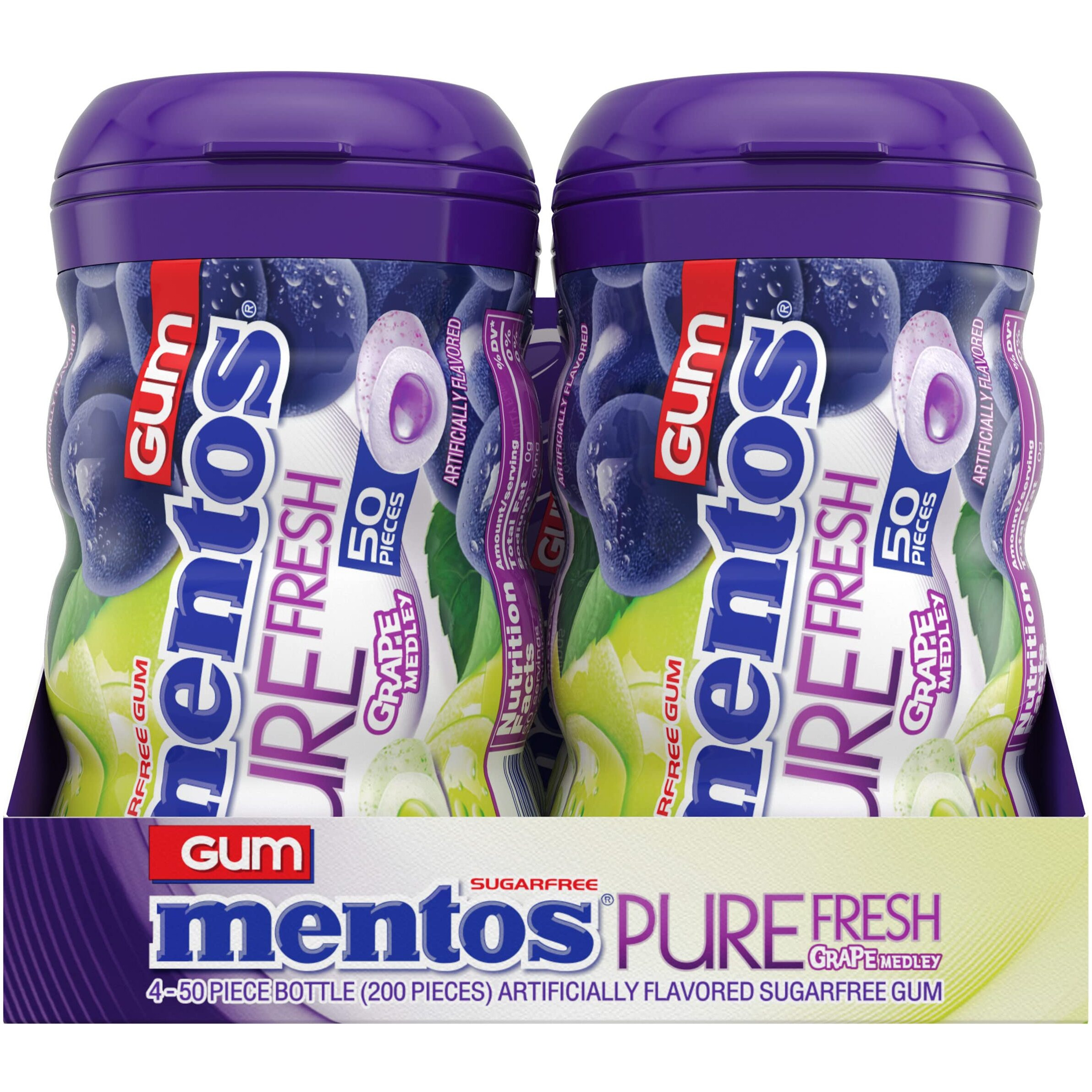 Mentos Pure Fresh Sugar-Free Chewing Gum With Xylitol, Grape Medley, 50 Piece Bottle (Bulk Pack Of 4)