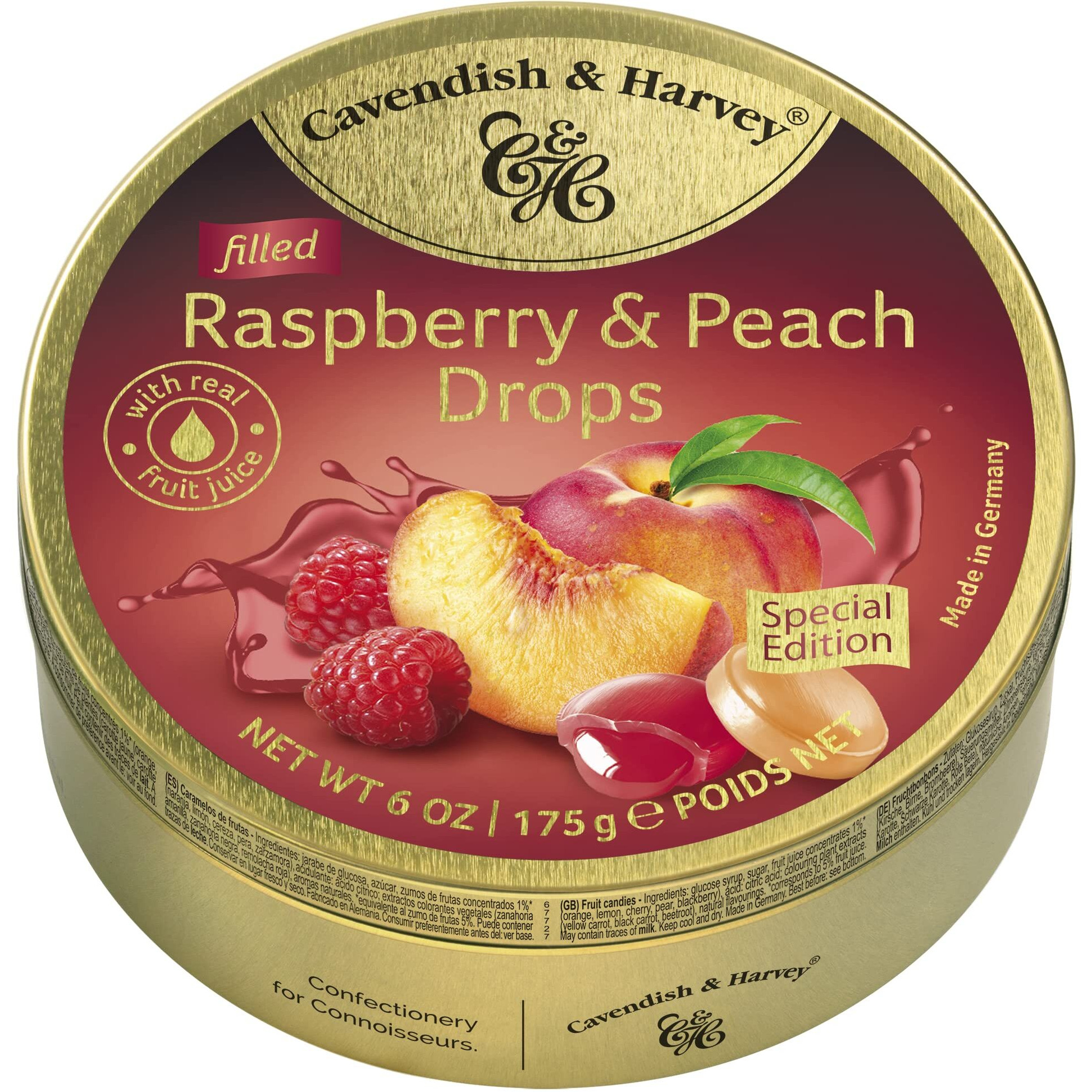 Cavendish & Harvey | Raspberry & Peach Filled Hard Candy Drops | 6 Ounce Tin