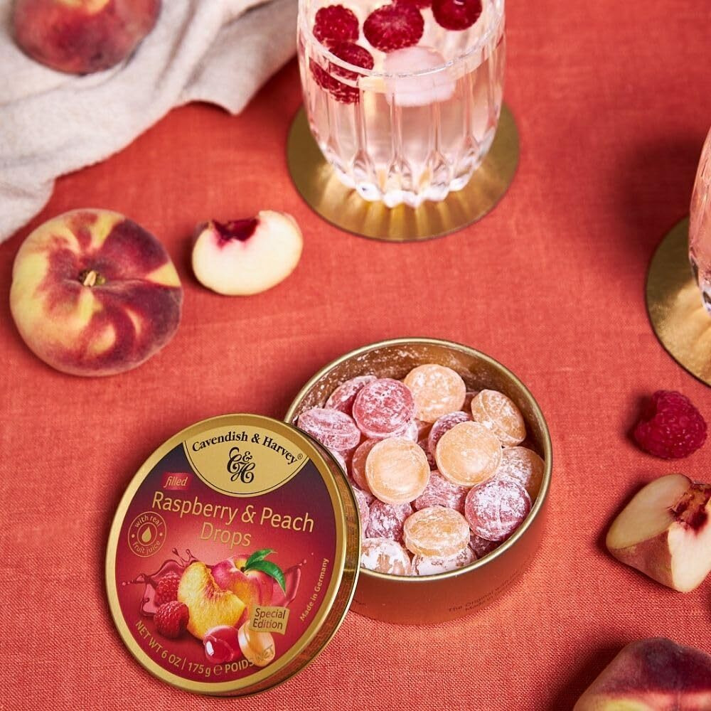 Cavendish & Harvey | Raspberry & Peach Filled Hard Candy Drops | 6 Ounce Tin