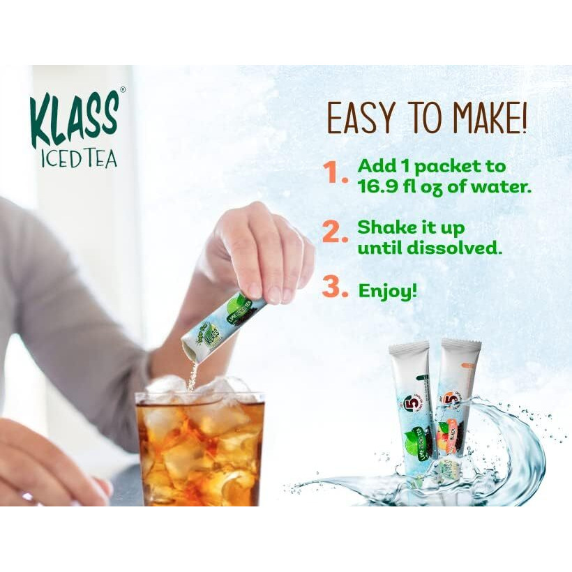 Iced Tea Drink Mix - Klass Sugar Free Variety Pack - Peach & Lime Black Tea On-The-Go (44 Count Powder Stick Packs) 5 Calories Per Packet