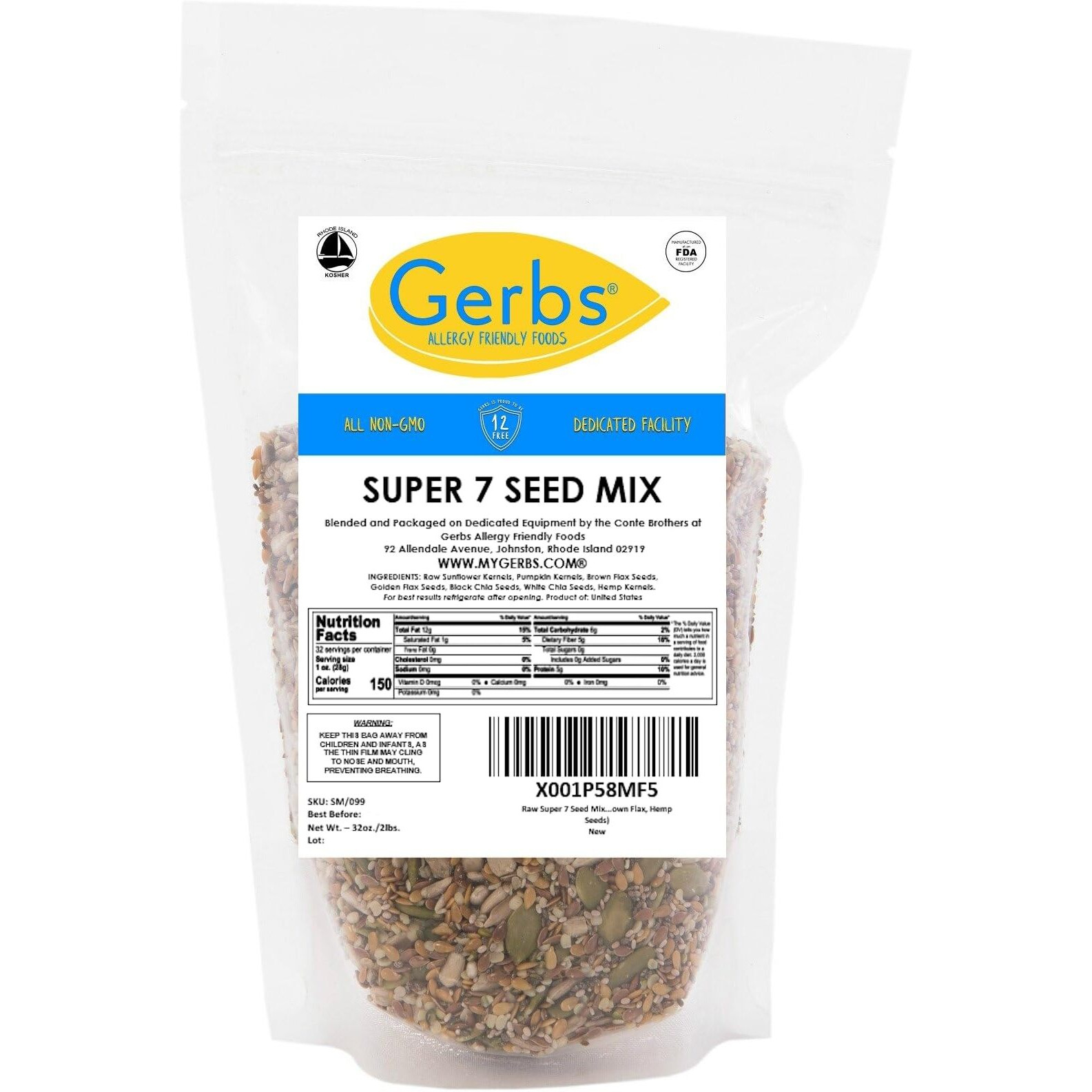 Gerbs Raw Super 7 Seed Snack Trail Mix 2 Lbs. | Top 14 Food Allergy Free | Resealable Bulk Bag | Made In Usa | Raw Pumpkin | Sunflower | Brown & Golden Flax | Black & White Chia | Hemp | Gluten Free