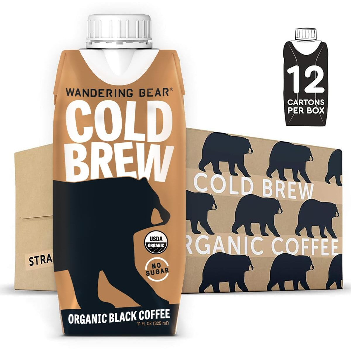Wandering Bear Straight Black Organic Cold Brew Coffee On-The-Go, Iced Coffee, 11 Fl Oz, 12 Pack - Extra Strong, Smooth, Unsweetened, Shelf-Stable, Ready To Drink, Cold Brewed Coffee, Cold Coffee