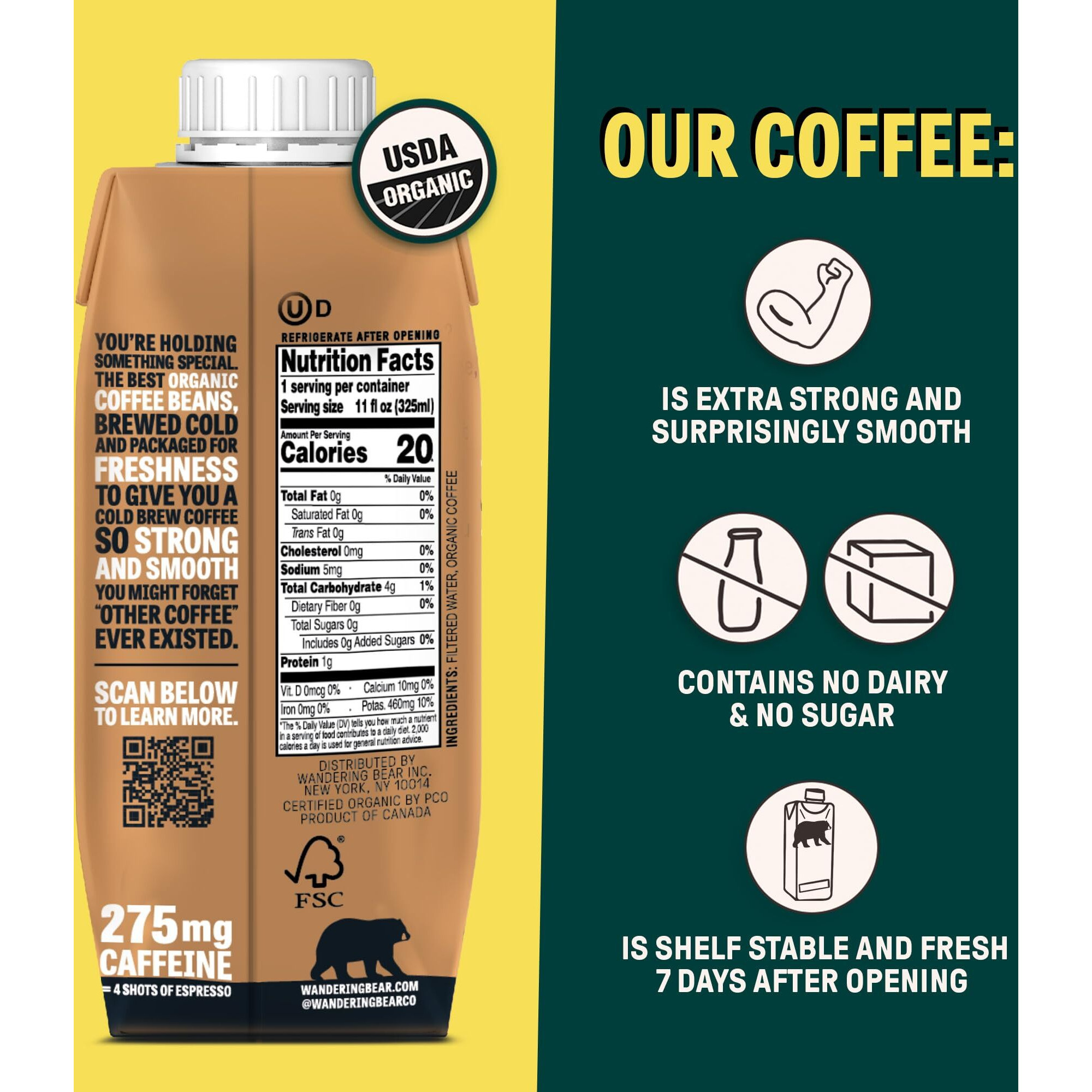 Wandering Bear Straight Black Organic Cold Brew Coffee On-The-Go, Iced Coffee, 11 Fl Oz, 12 Pack - Extra Strong, Smooth, Unsweetened, Shelf-Stable, Ready To Drink, Cold Brewed Coffee, Cold Coffee
