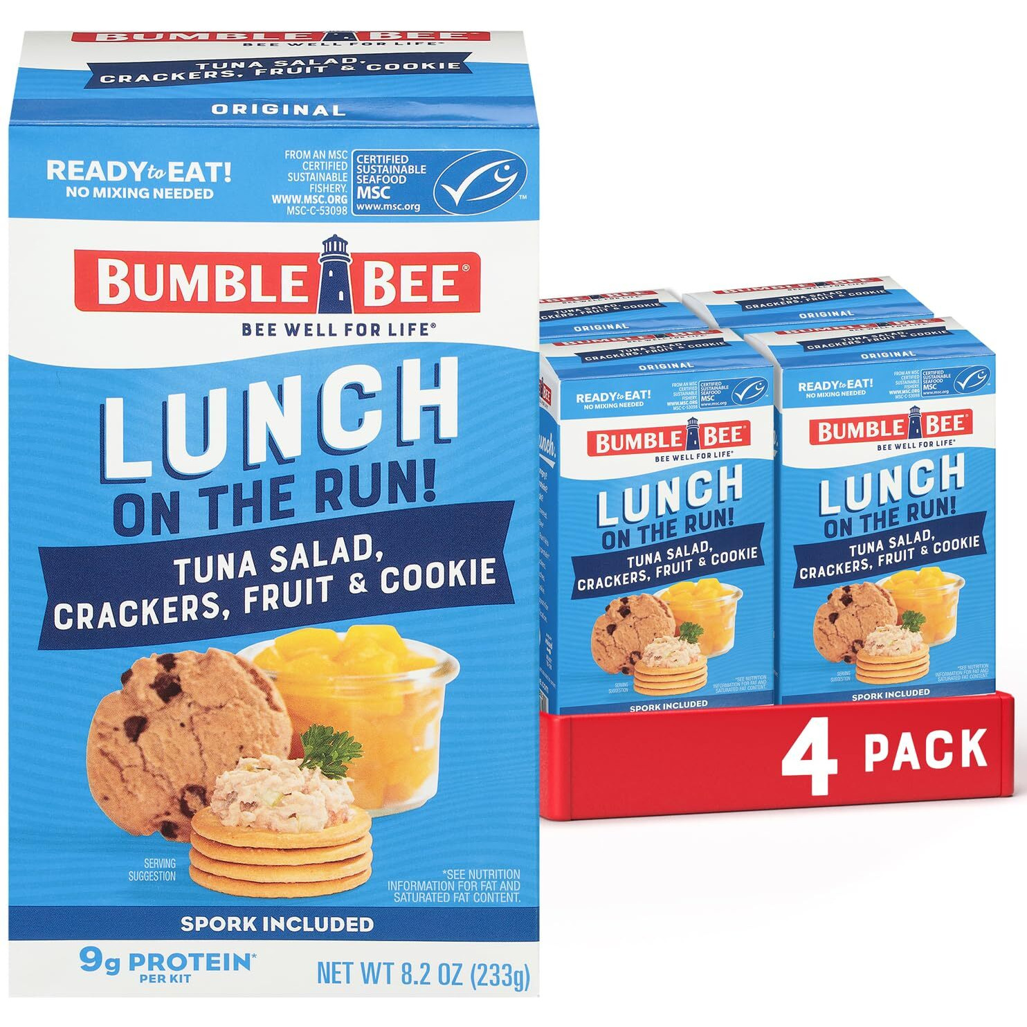 Bumble Bee Lunch On The Run Tuna Salad With Crackers Kit, 8.2 Oz (Pack Of 4) - Ready To Eat, Includes Crackers, Cookie & Peaches - Wild Caught Tuna - Shelf Stable & Convenient Source Of Protein