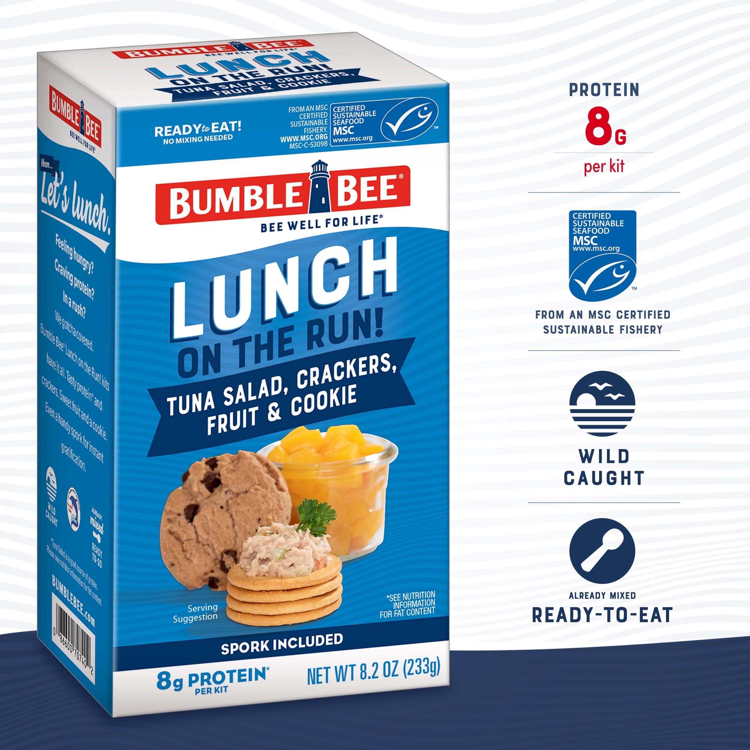 Bumble Bee Lunch On The Run Tuna Salad With Crackers Kit, 8.2 Oz (Pack Of 4) - Ready To Eat, Includes Crackers, Cookie & Peaches - Wild Caught Tuna - Shelf Stable & Convenient Source Of Protein