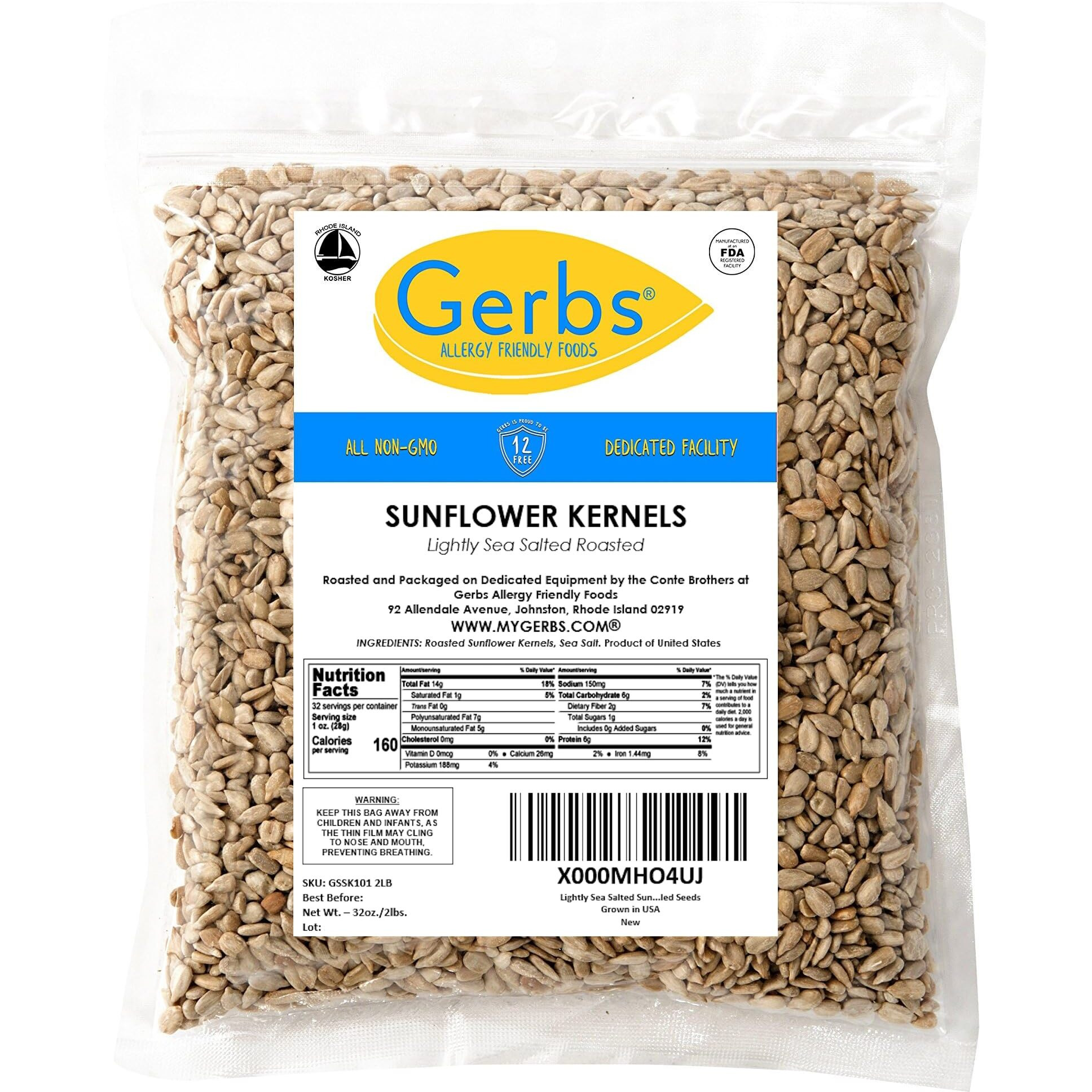Lightly Sea Salted Sunflower Seed Kernels By Gerbs - 2 Lbs - Top 11 Food Allergen Free & Non Gmo - Premium Dry Roasted Seeds - Cog Usa