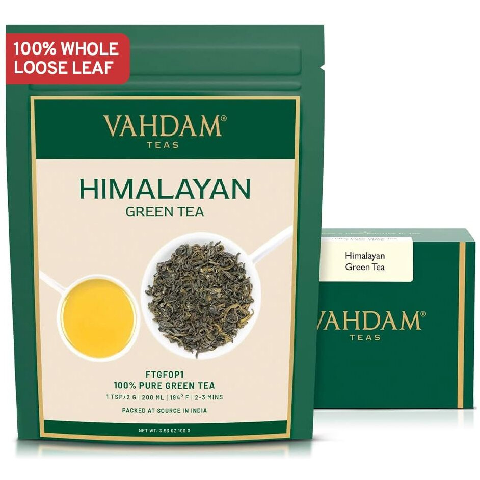 Vahdam, Himalayan Green Tea Leaves (50+ Cups, 3.53 Oz) Non Gmo, Gluten Free | High Elevation Grown Green Tea Leaves From Himalayas | Pure Unblended Single Origin Green Loose Leaf Tea | Vacuum Sealed