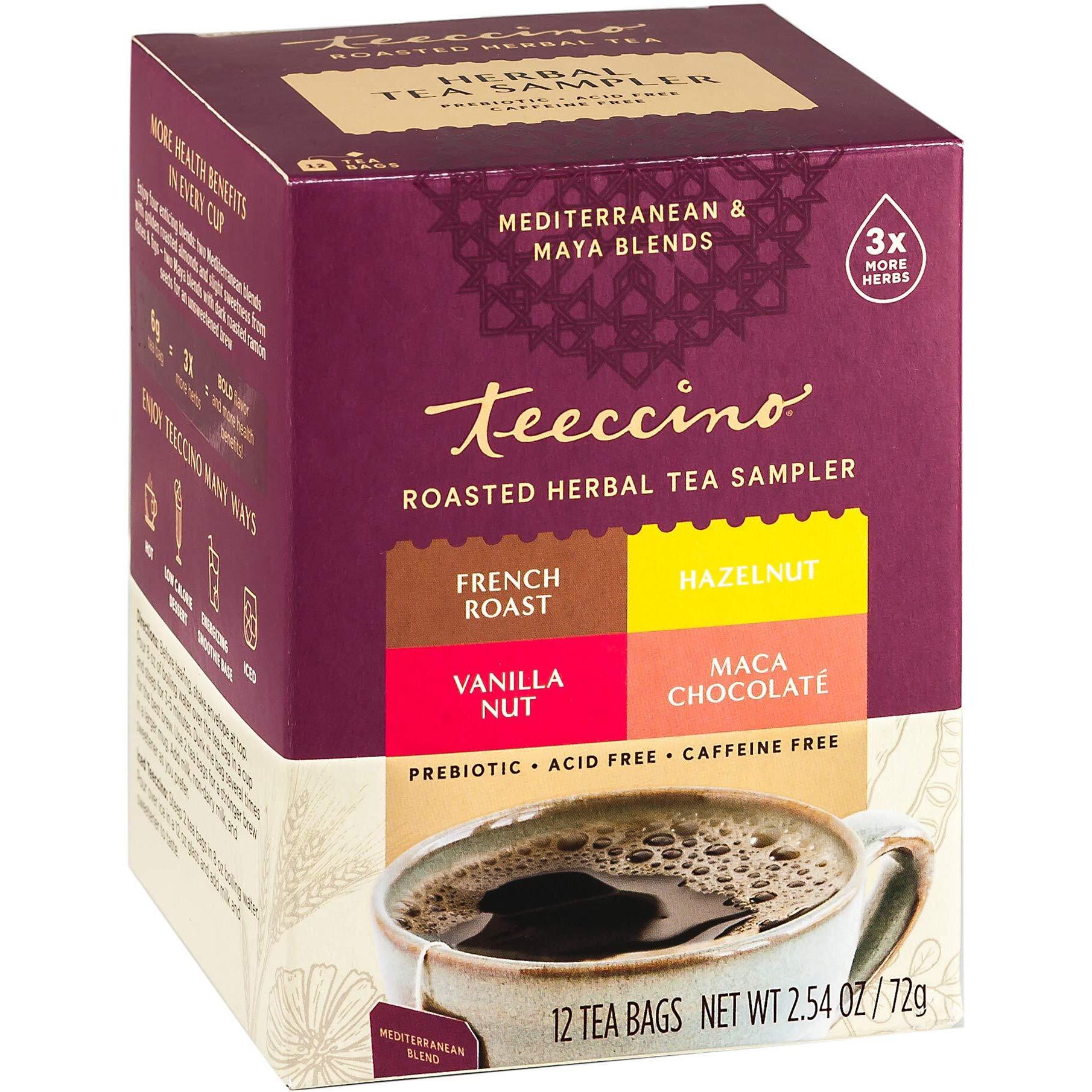 Teeccino Herbal Tea Sampler Assortment - Maca Chocolat  , French Roast, Hazelnut, Vanilla Nut - Roasted Caffeine Free Herbal Tea, Prebiotic For Natural Energy, 12 Tea Bags