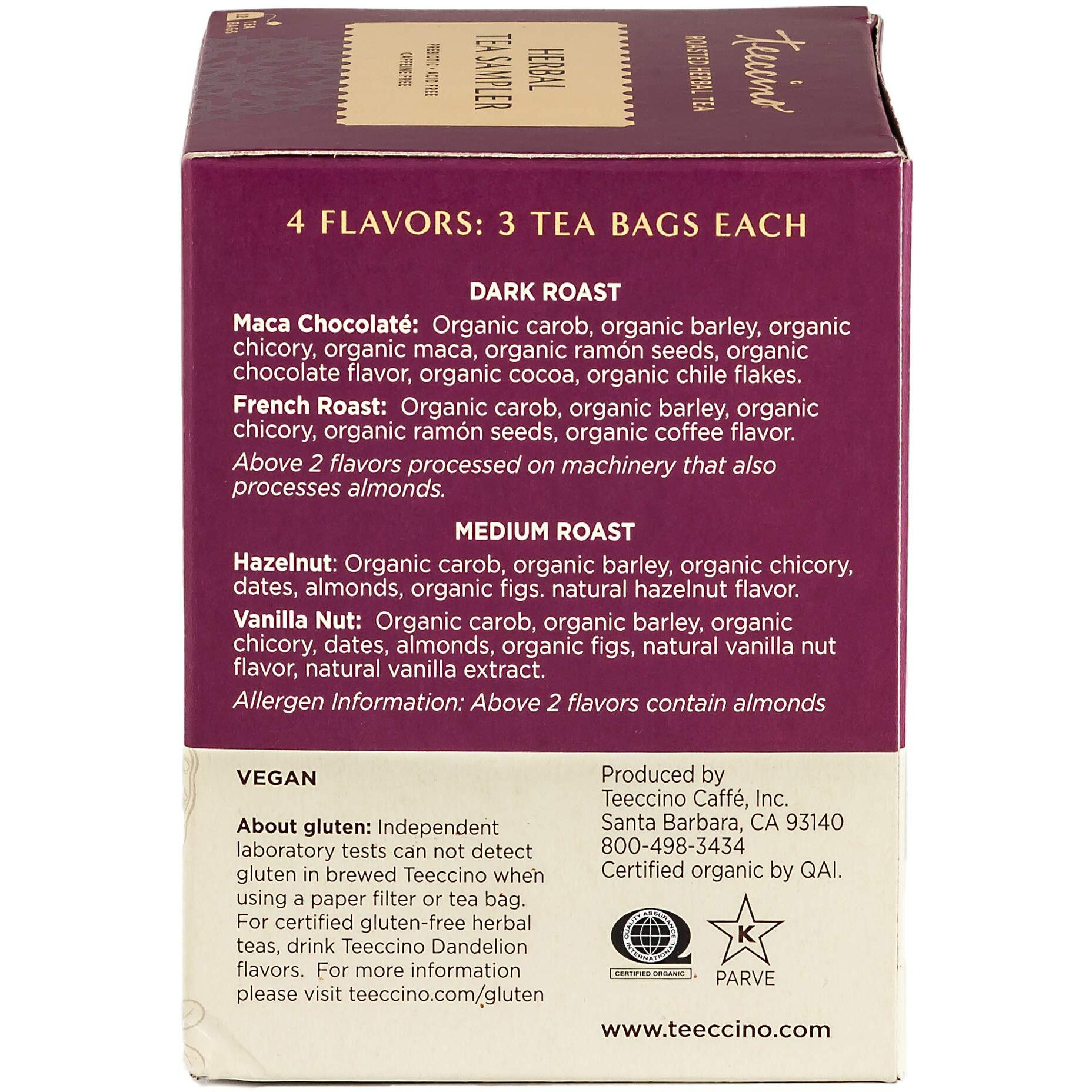 Teeccino Herbal Tea Sampler Assortment - Maca Chocolat  , French Roast, Hazelnut, Vanilla Nut - Roasted Caffeine Free Herbal Tea, Prebiotic For Natural Energy, 12 Tea Bags