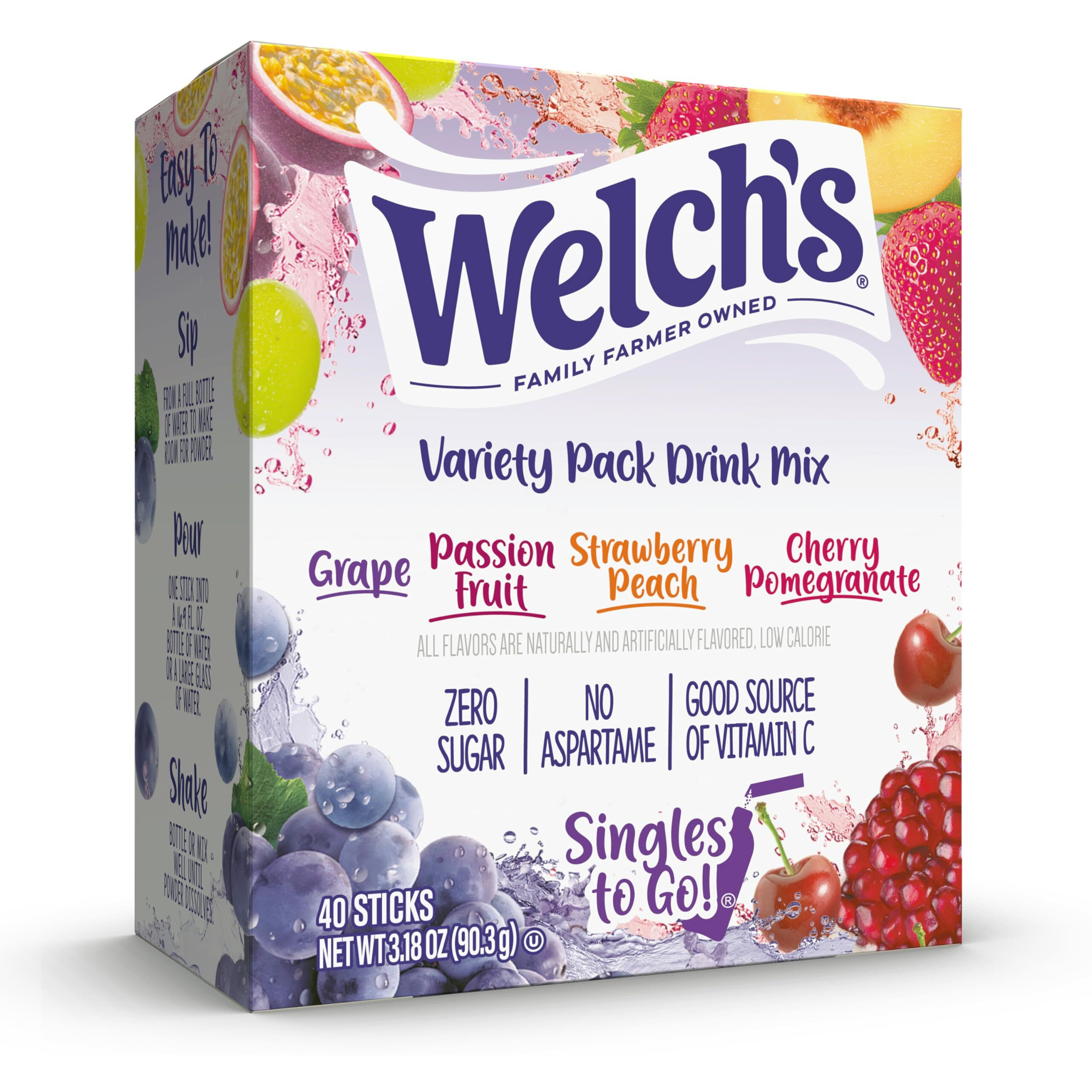 Welch's Singles To Go Variety Pack, Watertok Powdered Drink Mix, Includes 4 Flavors, Grape, Passion Fruit, Strawberry Peach, Cherry Pomegranate, 1 Box (40 Servings)
