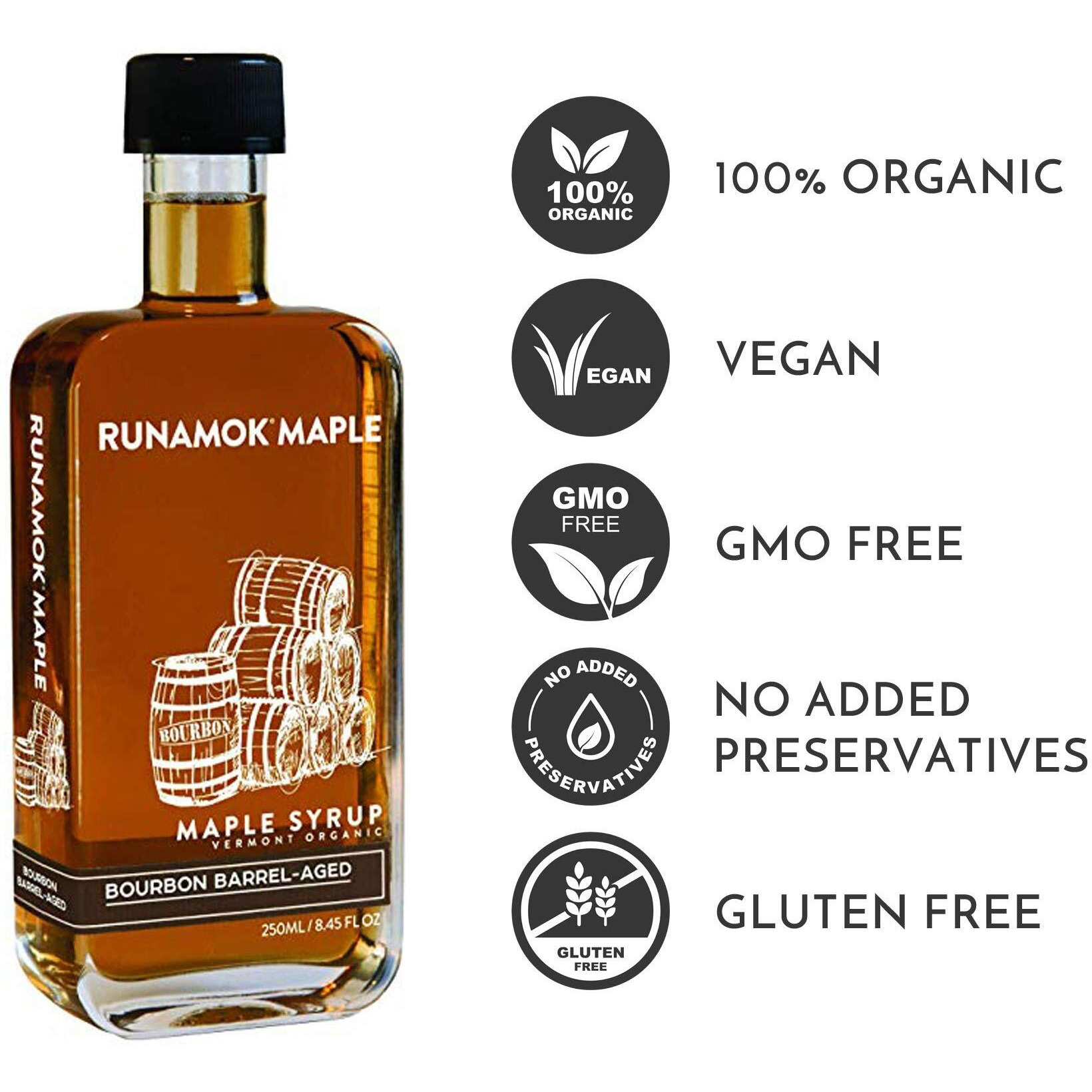 Runamok Organic Bourbon Barrel Aged Maple Syrup - Vermont Maple Syrup, Pure Maple Syrup For Cocktails, Cheese Pairing & Perfect To Be Used As Pancake Syrup, Maple Syrup Organic | 8.45 Fl Oz (250Ml)
