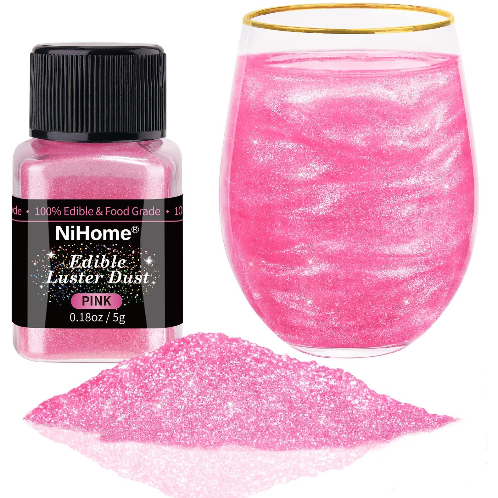 Nihome Edible Food-Grade Glimmer Powder Glitter Luster Dust Metallic Food Decorating Sprinkle Glimmery Dust For Drink Wine Beverage Cake Candy Dessert Bakery Restaurant Vegan (0.18Oz/5G, Pink)