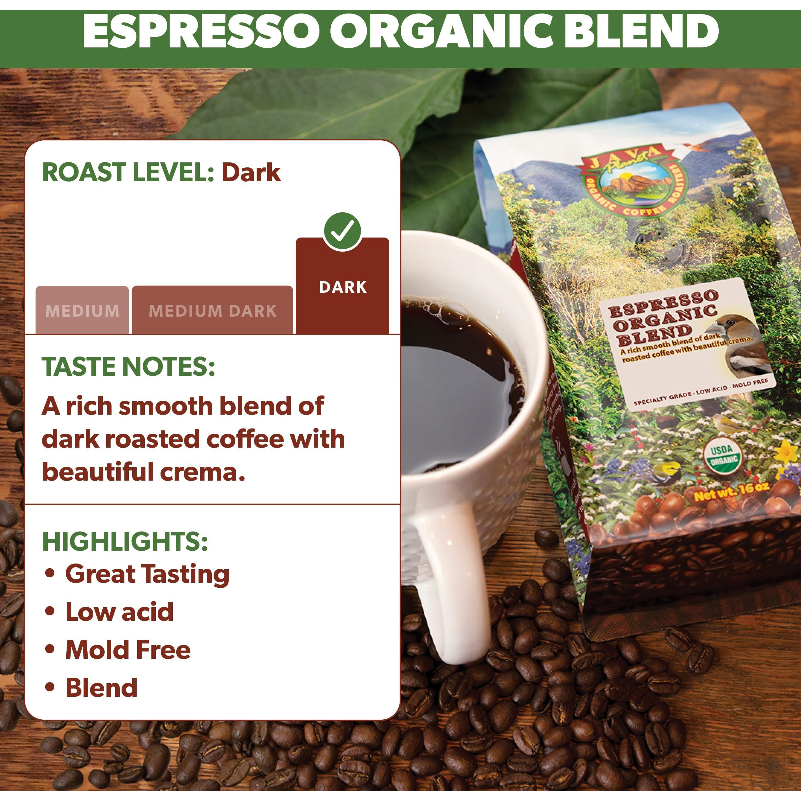 Java Planet Organic, Espresso Blend, Smooth Full Flavored Organic Coffee Beans, Low Acid, Whole Bean Coffee, 1Lb Bag