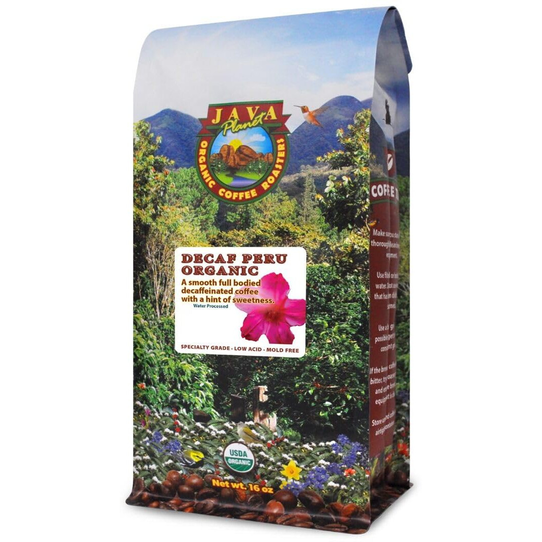 Java Planet Organic, Water Process Decaf Peru, Smooth Full Flavored Organic Coffee Beans, Low Acid, Whole Bean Coffee 1Lb Bag