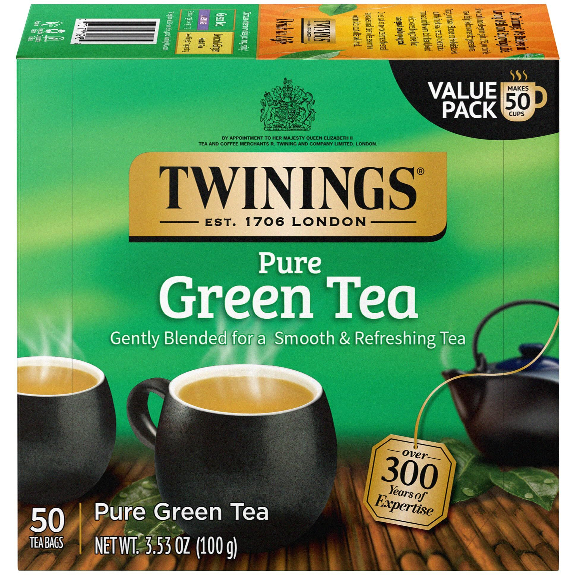 Twinings Pure Green Tea, Individually Wrapped Bags, 50 Count (Pack Of 6), Caffeinated, Smooth Flavour, Enticing Aroma, Enjoy Hot Or Iced