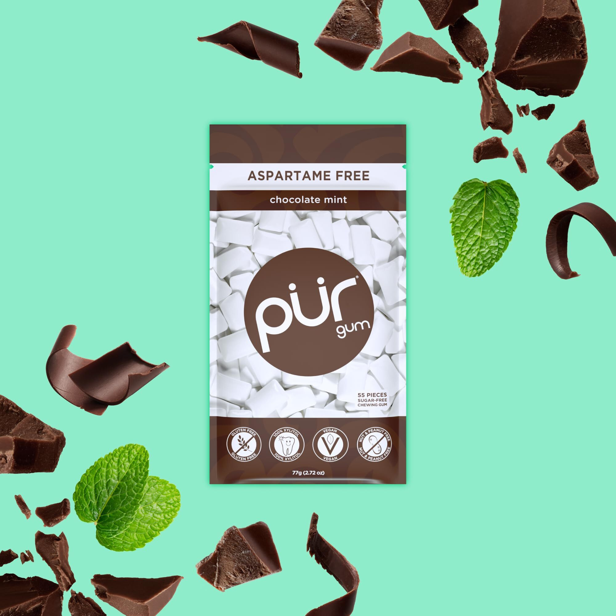 Pur Gum | Aspartame Free Chewing Gum | 100% Xylitol | Natural Chocolate Mint Flavored Gum, 55 Pieces (Pack Of 6)