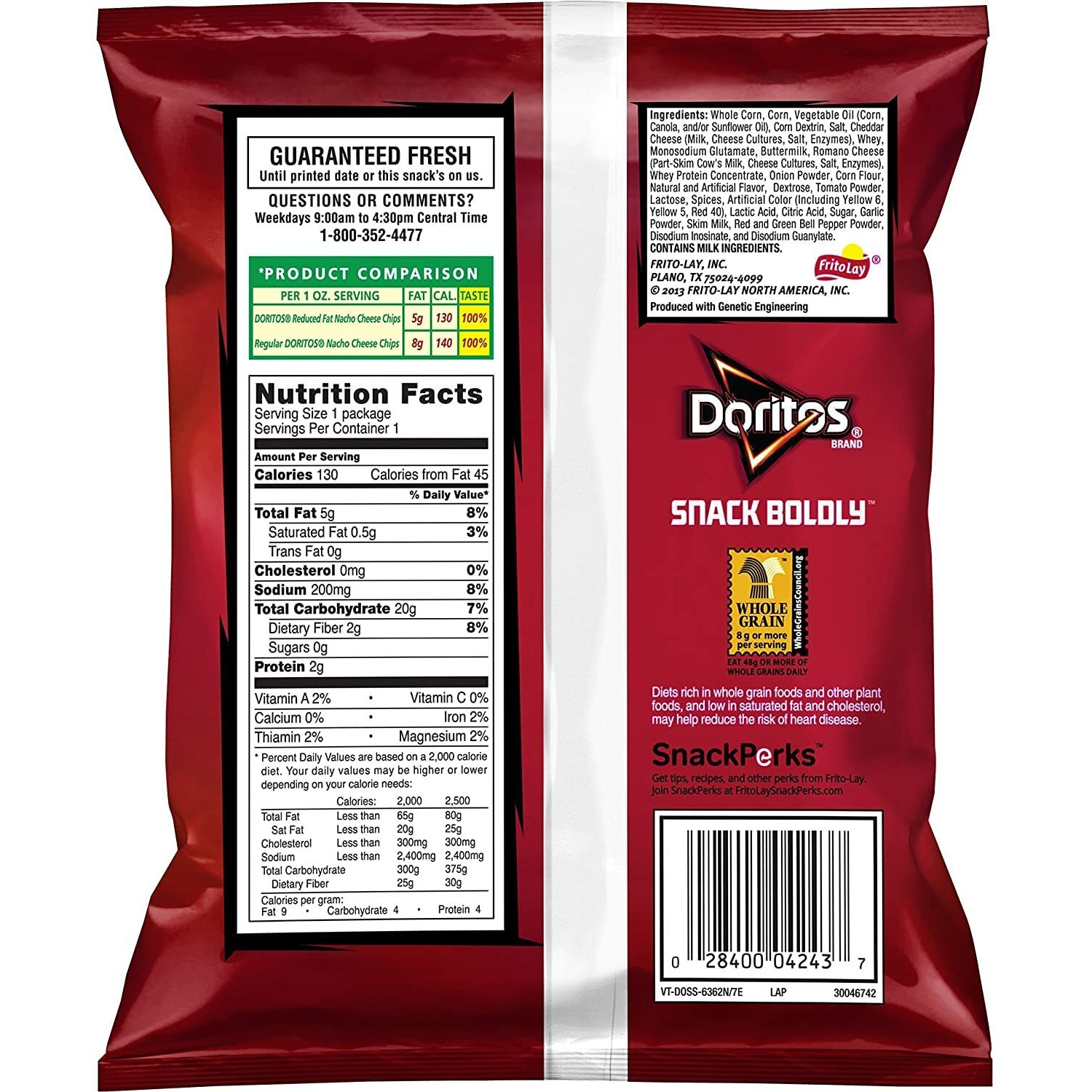Doritos Flavored Tortilla Chips, Reduced Fat Nacho Cheese, 1 Ounce (Pack Of 72)