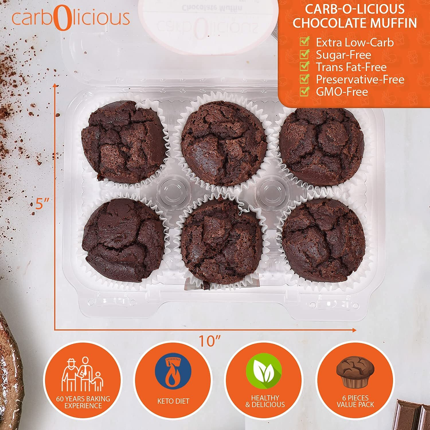Low Carb Chocolate Muffins [6-Pack] By Carb-O-Licious- Delicious Keto Muffins With Only 3 Net Carbs Each- Sugar Free Healthy Snack With Almond Flour- Best Tasting Low-Carb Diet Treat Ever