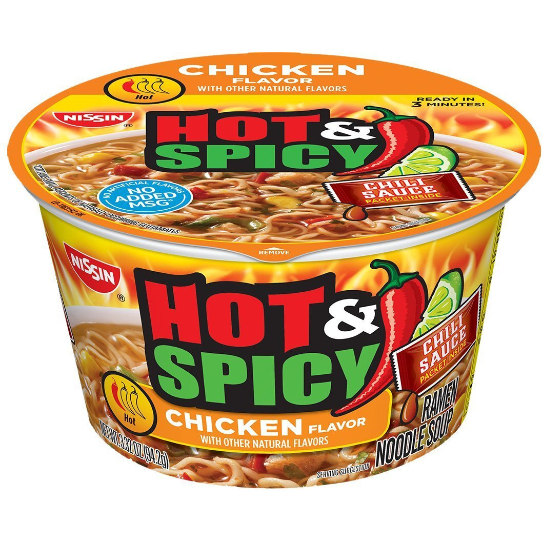 Nissin Bowl Noodles Hot & Spicy Chicken Flavor Microwavable And Spoonable Noodles & Soup With Og Trans Fat For Best In Ramen Instant Noddle Soup- 12 Pack Of 3.32 Oz Cups