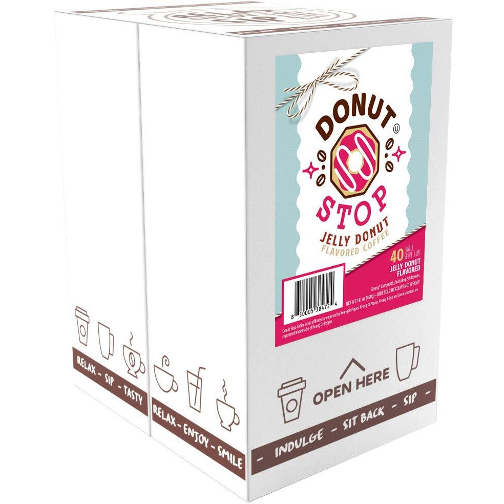 Donut Stop Flavored Coffee Pods, Compatible With 2.0 K-Cup Brewers, Jelly Donut Flavor, 40 Count