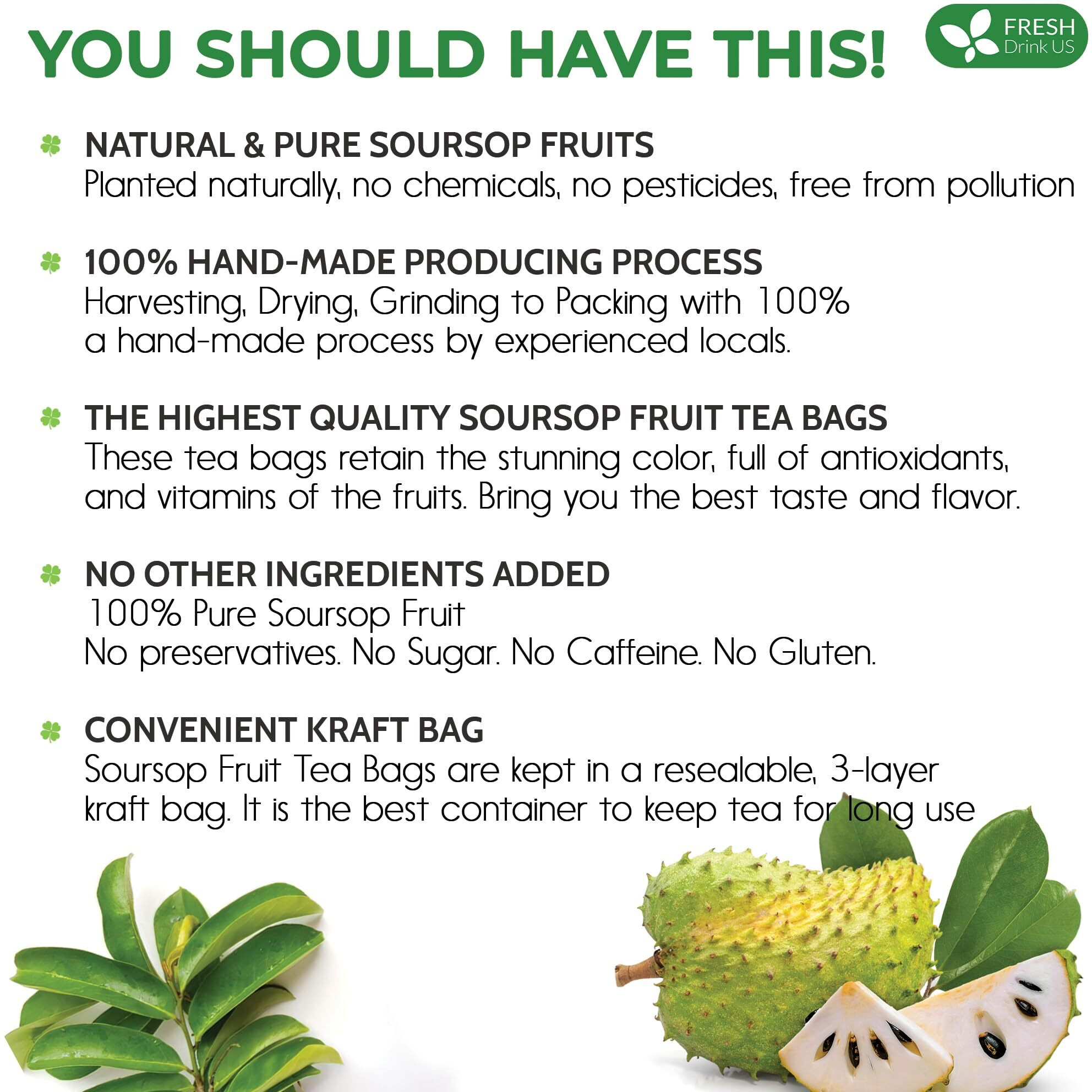Freshdrinkus, 60 Premium Soursop Graviola Fruit Tea Bags, 100% Natural And Pure From Soursop Fruits, Made With Natural Materials-Corn Fiber Tea Bag, Sugar/Caffeine/Gluten Free, Hoja Guanabana Tea