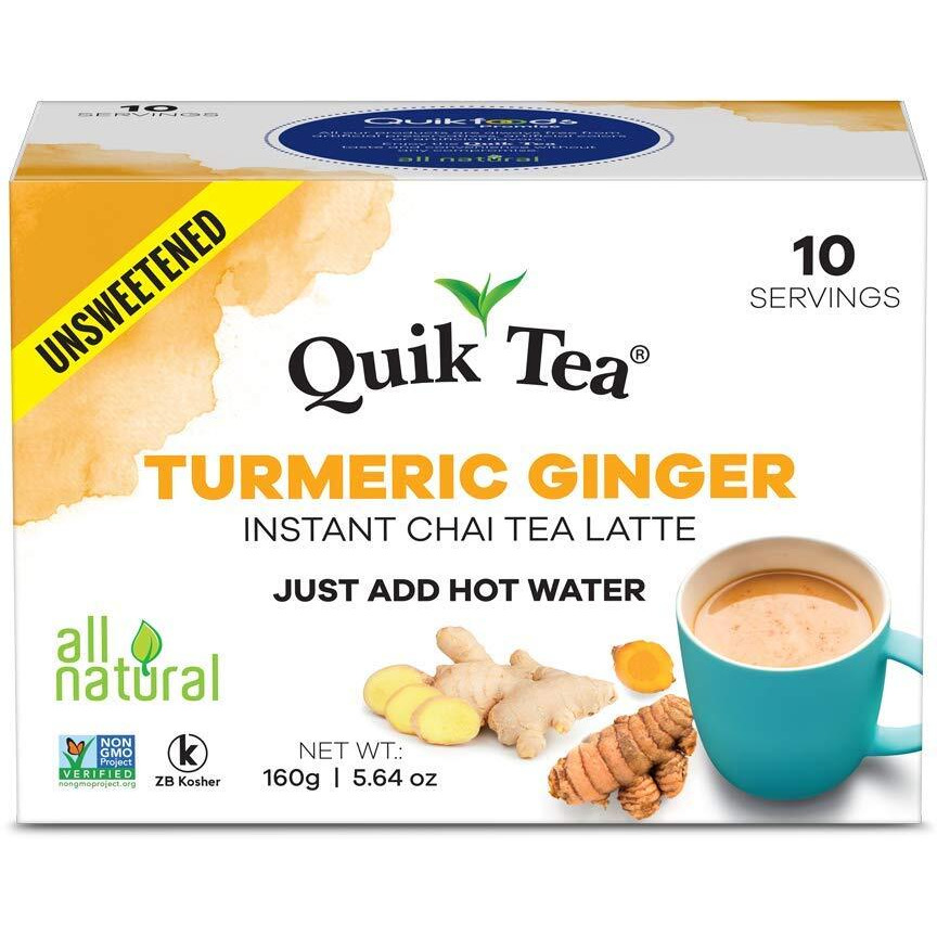 Quiktea Unsweetened Turmeric Ginger Chai Tea Latte - 10 Count Single Box - All Natural Preservative Free Authentic Instant Chai From Assam