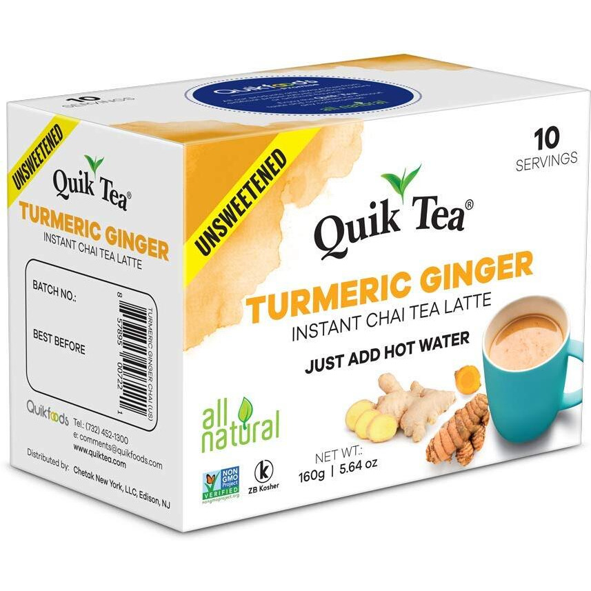 Quiktea Unsweetened Turmeric Ginger Chai Tea Latte - 10 Count Single Box - All Natural Preservative Free Authentic Instant Chai From Assam