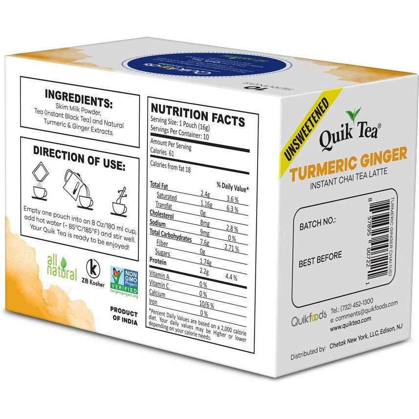 Quiktea Unsweetened Turmeric Ginger Chai Tea Latte - 10 Count Single Box - All Natural Preservative Free Authentic Instant Chai From Assam