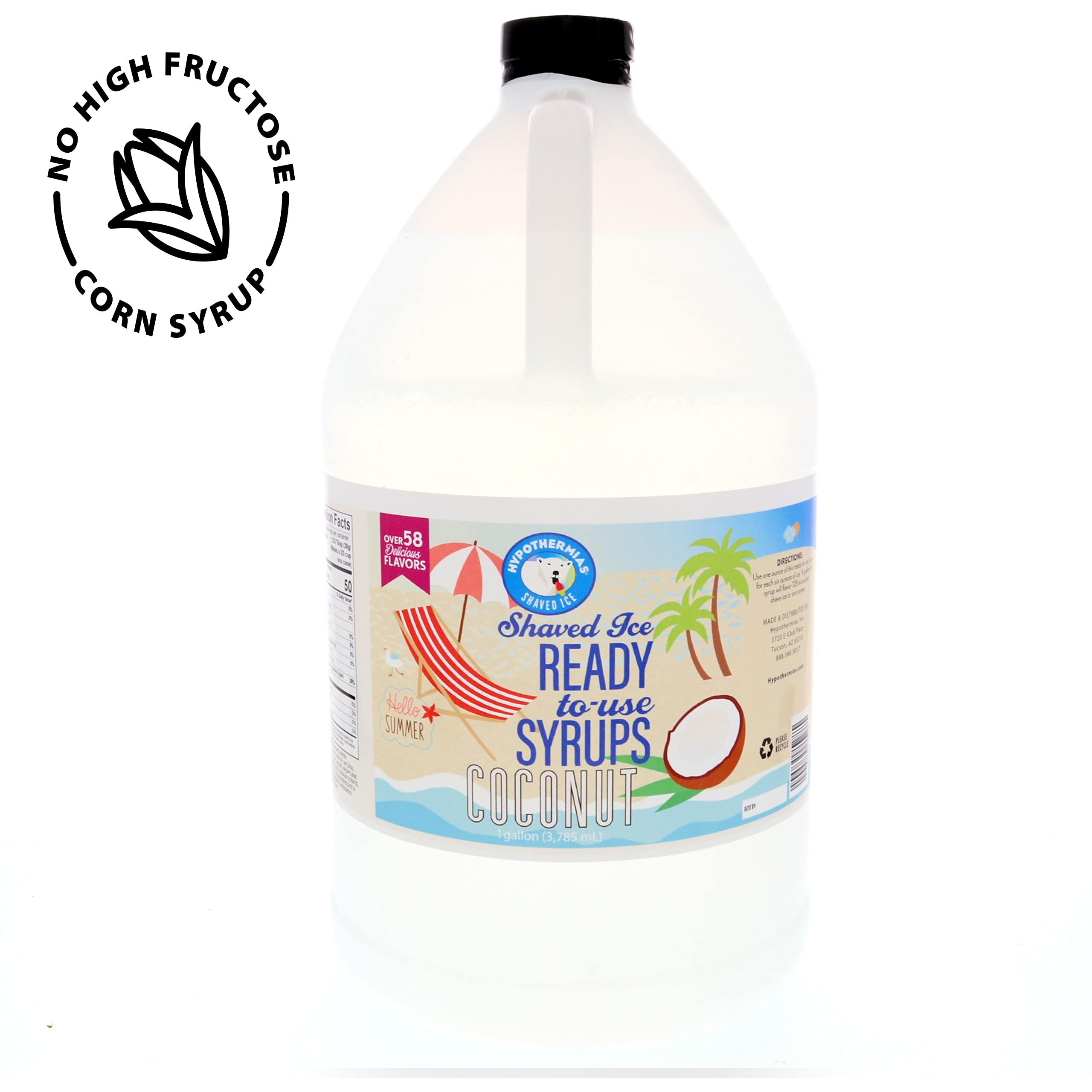 Hypothermias Shaved Ice & Snow Cone Syrup - Gallon (128 Fl. Oz) - Coconut - Made With Non-Gmo 100% Pure Cane Sugar, No Corn Syrup - Bpa-Free Recyclable Plastic Bottle