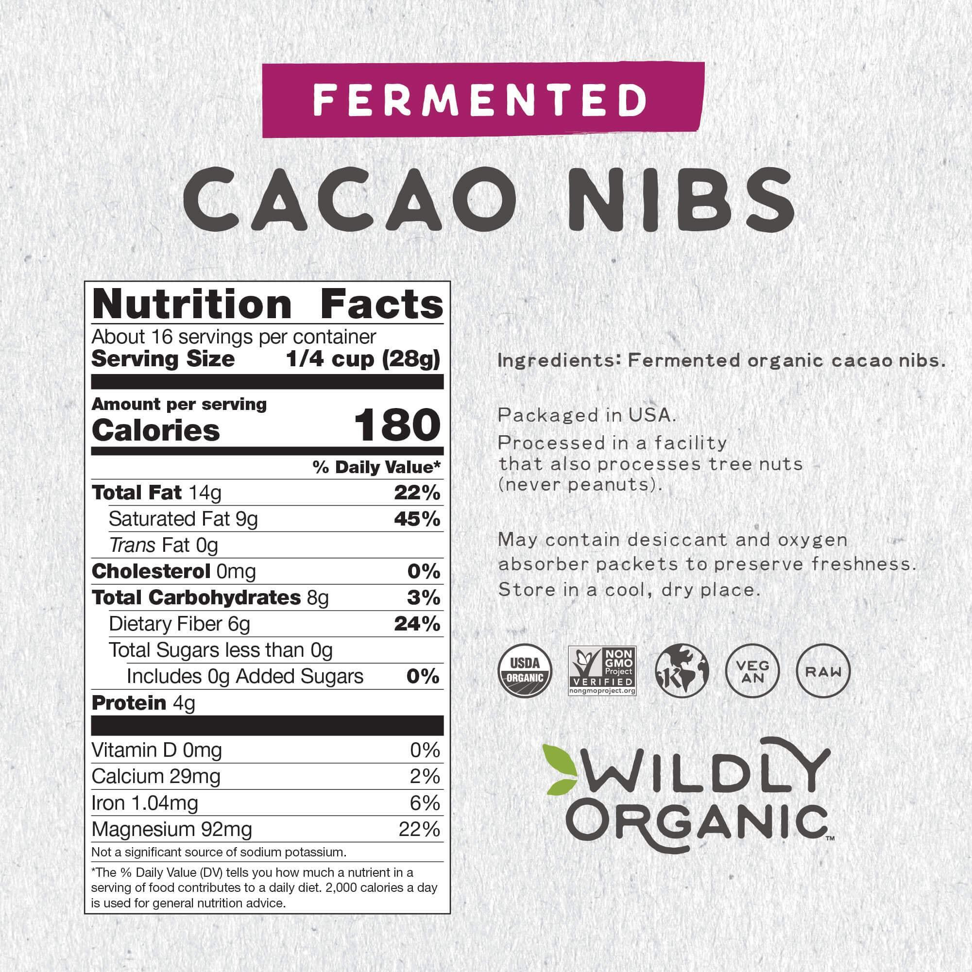 Wildly Organic Fermented Cacao Nibs 16 Oz, 1 Lb Bag - Organic, Non-Alkalized, Minimally Processed, Raw, Non-Gmo, Kosher, Vegan, Premium Rich Chocolate Flavor | Perfect In Smoothies, Yogurt, Oatmeal, Granola, Baking, Fruits, & Ice Cream