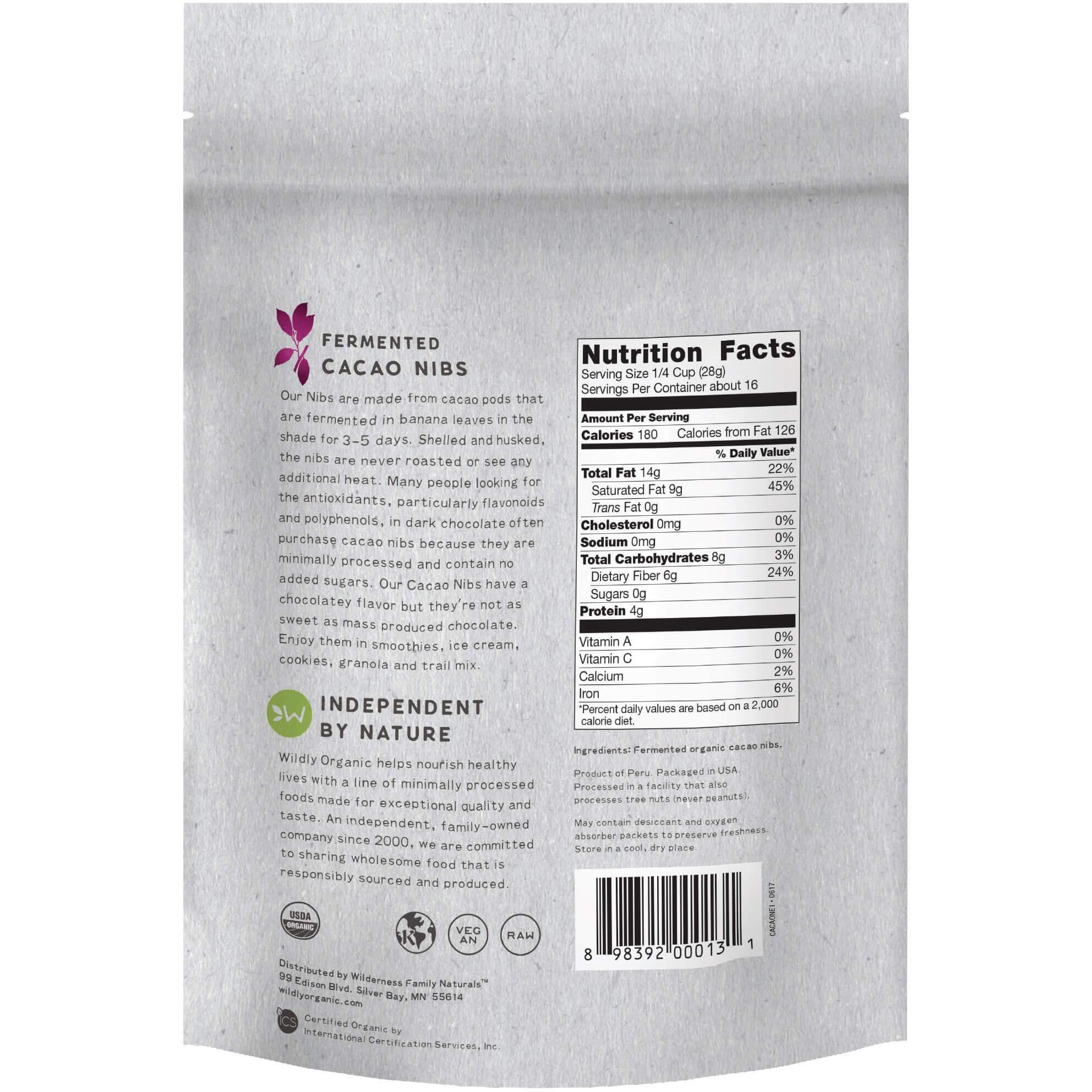 Wildly Organic Fermented Cacao Nibs 16 Oz, 1 Lb Bag - Organic, Non-Alkalized, Minimally Processed, Raw, Non-Gmo, Kosher, Vegan, Premium Rich Chocolate Flavor | Perfect In Smoothies, Yogurt, Oatmeal, Granola, Baking, Fruits, & Ice Cream