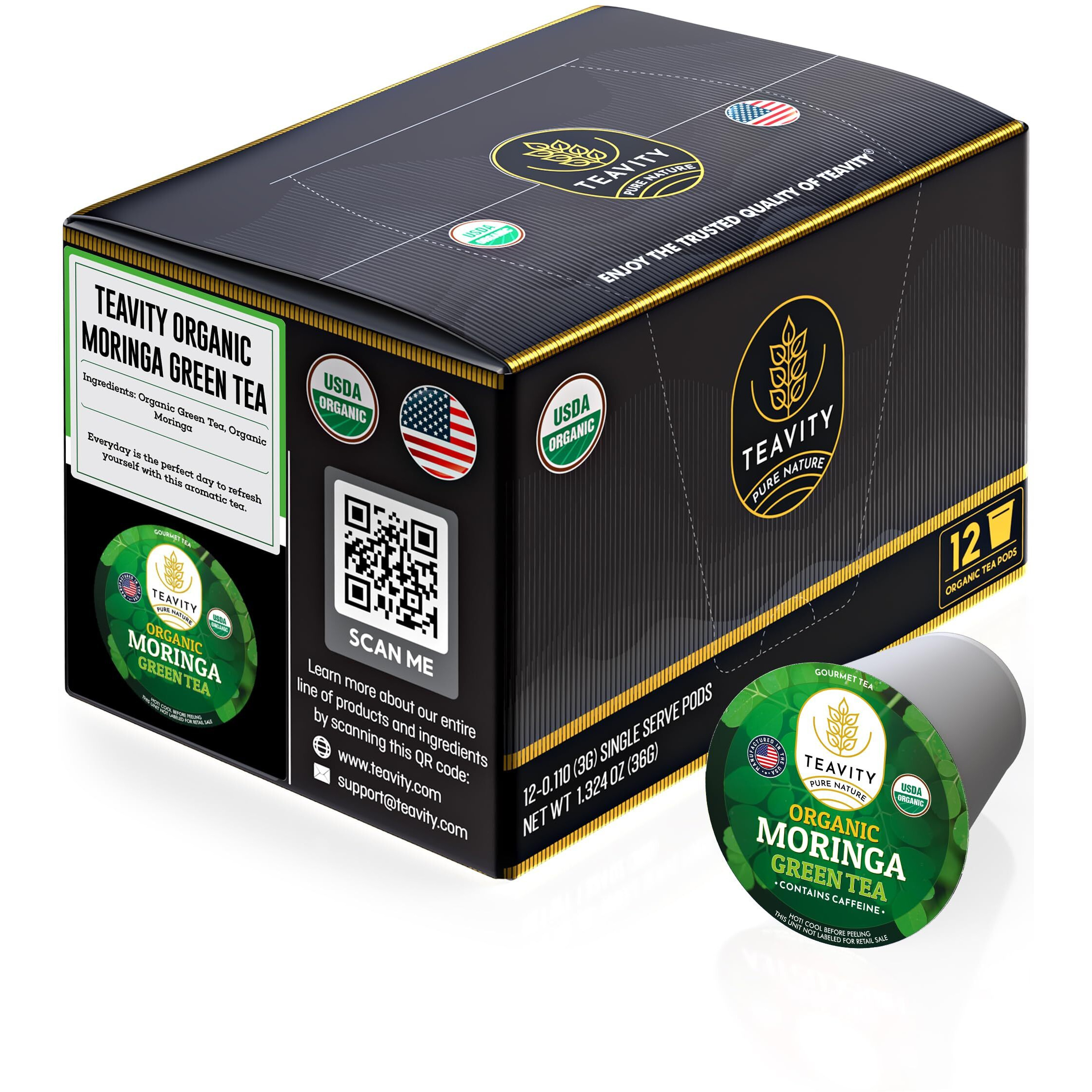 Organic Moringa Green Tea Pods For Keurig - Naturally Caffeinated By Teavity (12 Tea Pods)