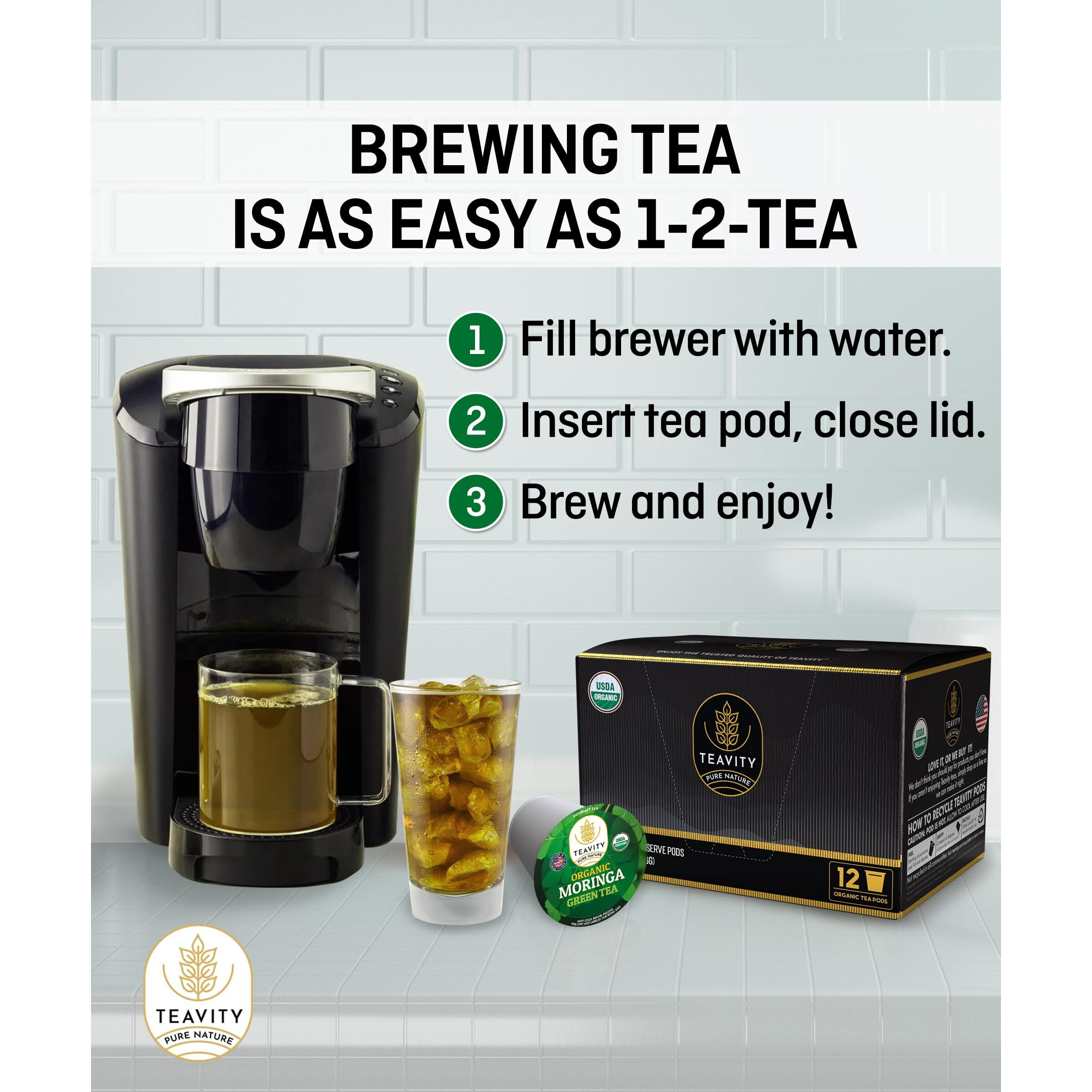 Organic Moringa Green Tea Pods For Keurig - Naturally Caffeinated By Teavity (12 Tea Pods)