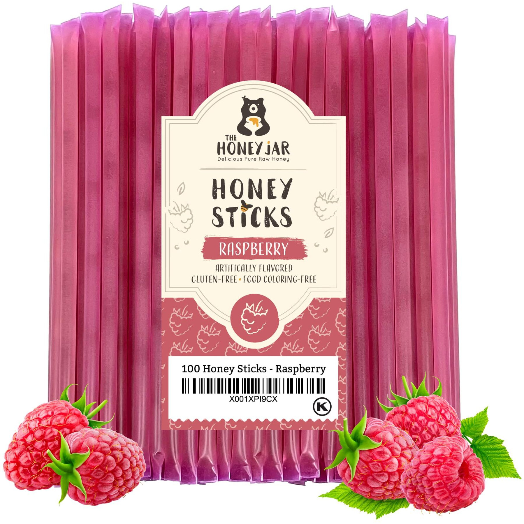 The Honey Jar Raspberry Flavored Honey Sticks - Pure Honey Straws For Tea, Coffee, Or A Healthy Treat - One Teaspoon Of Flavored Honey Per Stick - Made In The Usa With Real Honey - (100 Count)