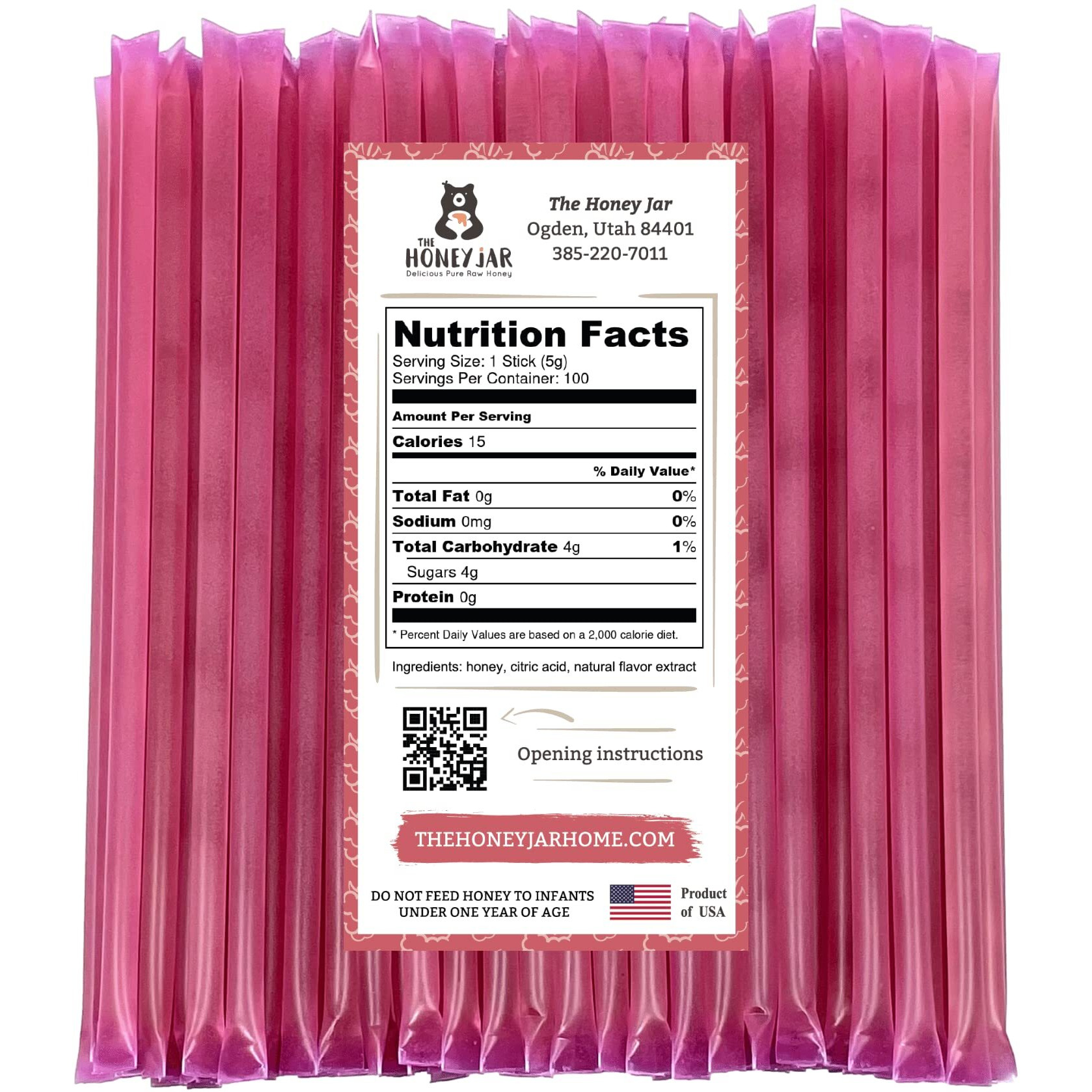 The Honey Jar Raspberry Flavored Honey Sticks - Pure Honey Straws For Tea, Coffee, Or A Healthy Treat - One Teaspoon Of Flavored Honey Per Stick - Made In The Usa With Real Honey - (100 Count)