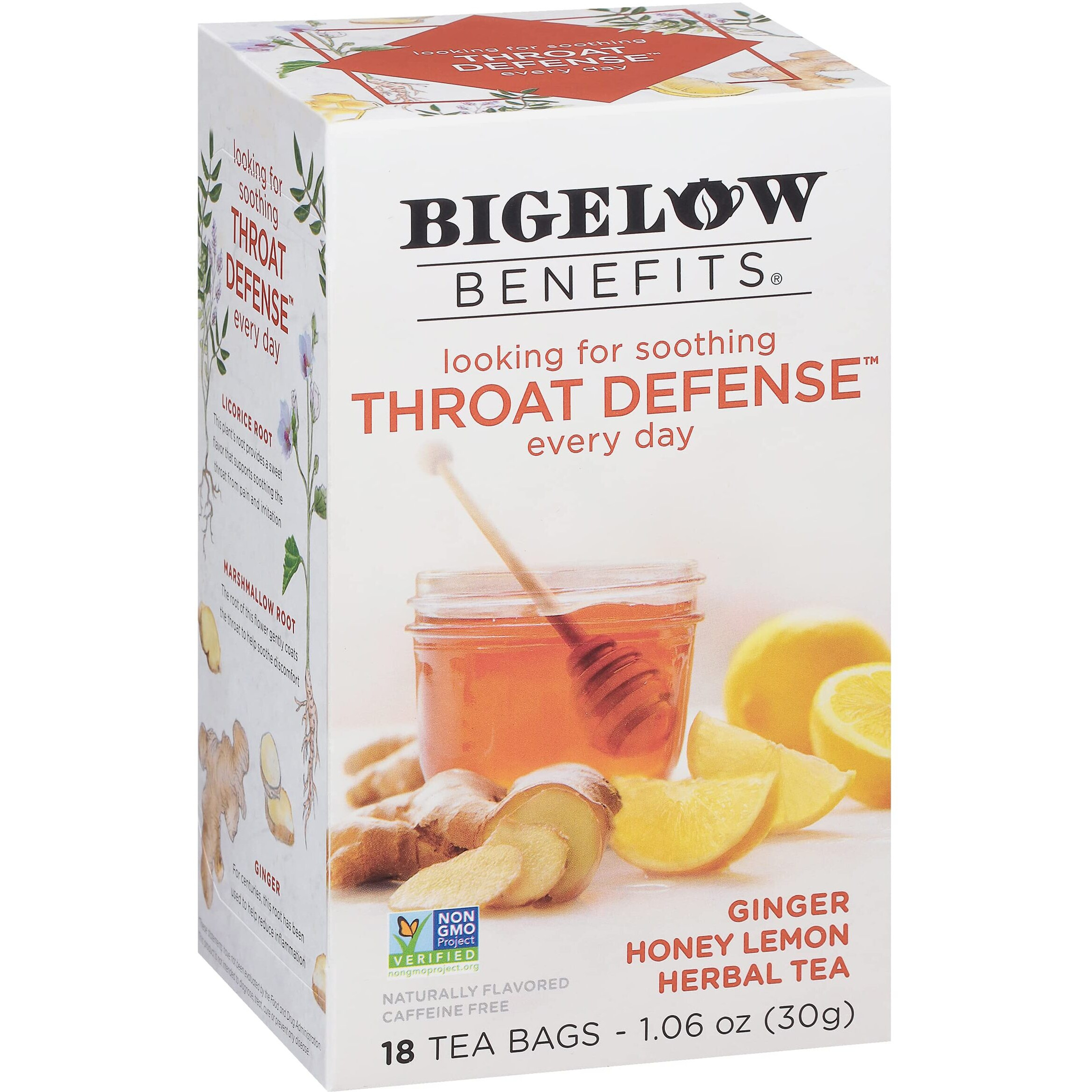 Bigelow Benefits Throat Defense (Ginger Honey Lemon Herbal), 18 Count (Pack Of 6), 108 Total Tea Bags
