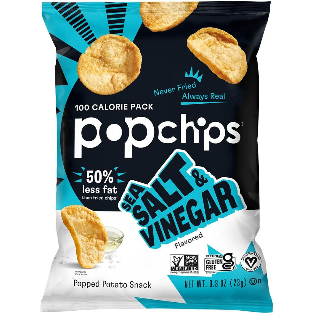 Popchips Potato Chips, Sea Salt & Vinegar, 12Ct Single Serve 0.8Oz Bags, Low-Calorie, Gluten Free, Salty Snacks For Adults And Children, Non-Gmo, Vegan & Kosher Friendly, 100 Calories Per Bag
