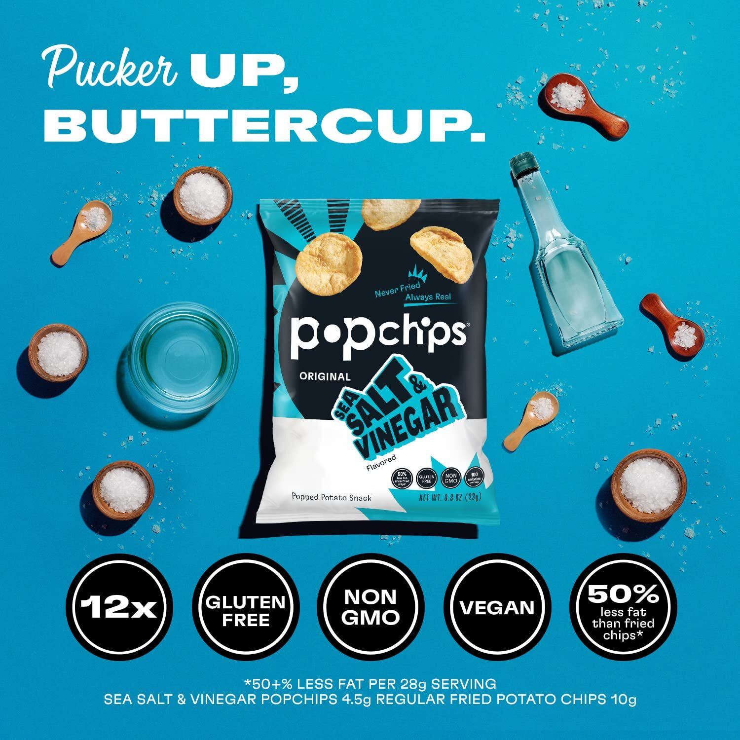 Popchips Potato Chips, Sea Salt & Vinegar, 12Ct Single Serve 0.8Oz Bags, Low-Calorie, Gluten Free, Salty Snacks For Adults And Children, Non-Gmo, Vegan & Kosher Friendly, 100 Calories Per Bag