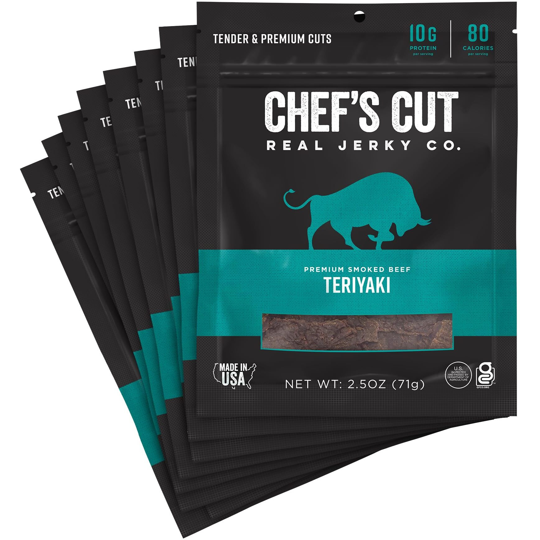 Chef's Cut Beef Jerky, Teriyaki, High Protein Meat Snack, 10G Of Protein And 80 Calories, Gluten Free, Premium Lean Smoked Beef - 2.5 Ounce (Pack Of 8)