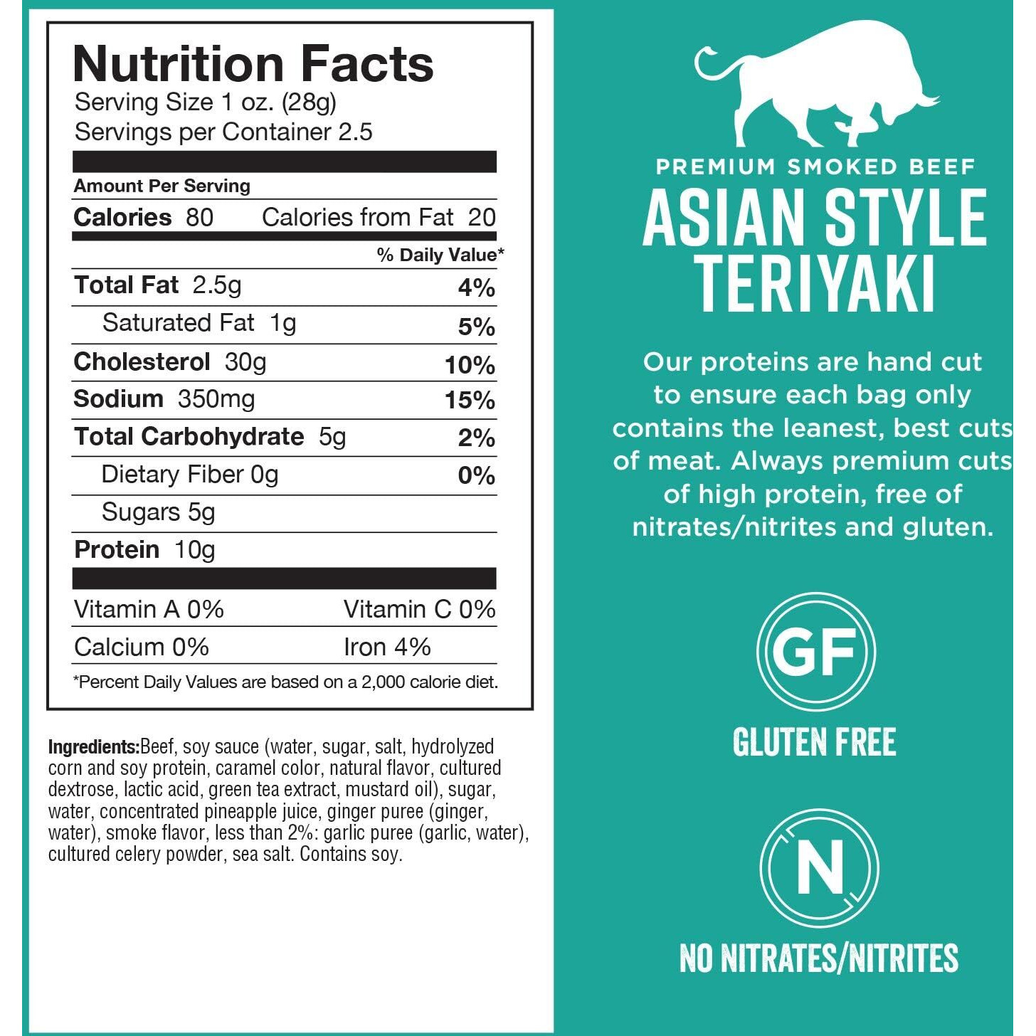 Chef's Cut Beef Jerky, Teriyaki, High Protein Meat Snack, 10G Of Protein And 80 Calories, Gluten Free, Premium Lean Smoked Beef - 2.5 Ounce (Pack Of 8)