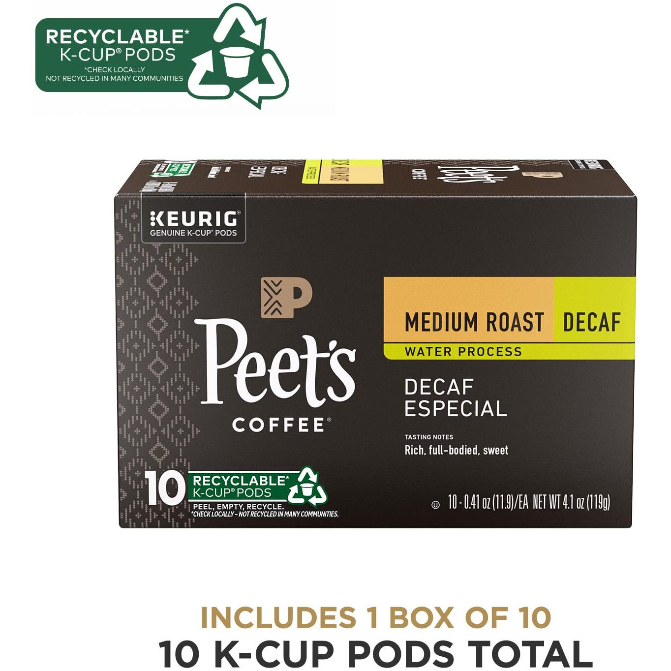 Peet's Coffee K-Cup Single Serve Pack For Keurig Brewers, Decaffeinated Especial, 10 Ct