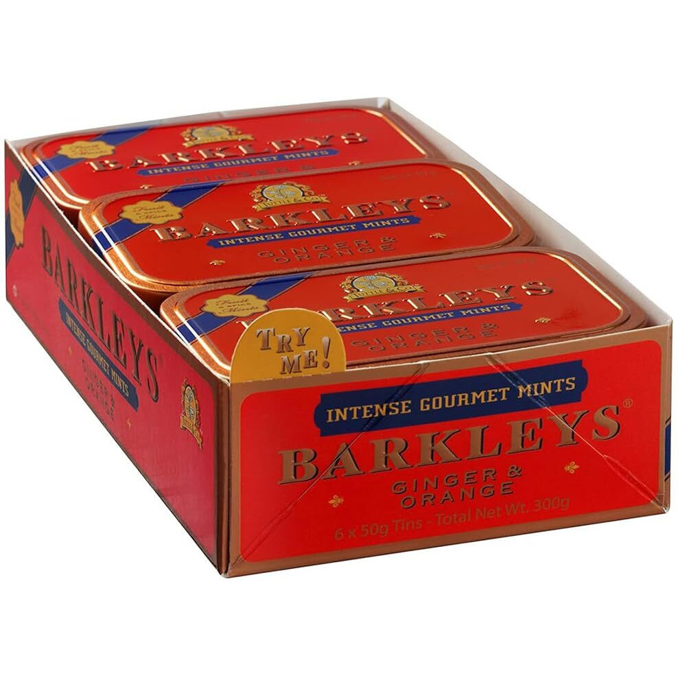 Barkleys Gourmet Ginger Mints & Orange Mints, Breath Mints - Strong Ginger & Orange Flavor For Party, After Dinner, Wedding, Vegan Ginger Candy Mints In Reusable Classic Travel Tins-50-Count,6-Pack