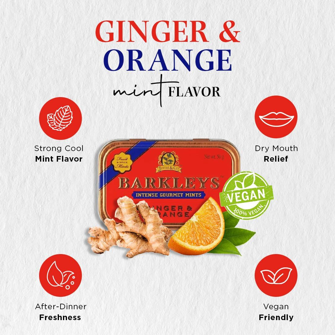Barkleys Gourmet Ginger Mints & Orange Mints, Breath Mints - Strong Ginger & Orange Flavor For Party, After Dinner, Wedding, Vegan Ginger Candy Mints In Reusable Classic Travel Tins-50-Count,6-Pack