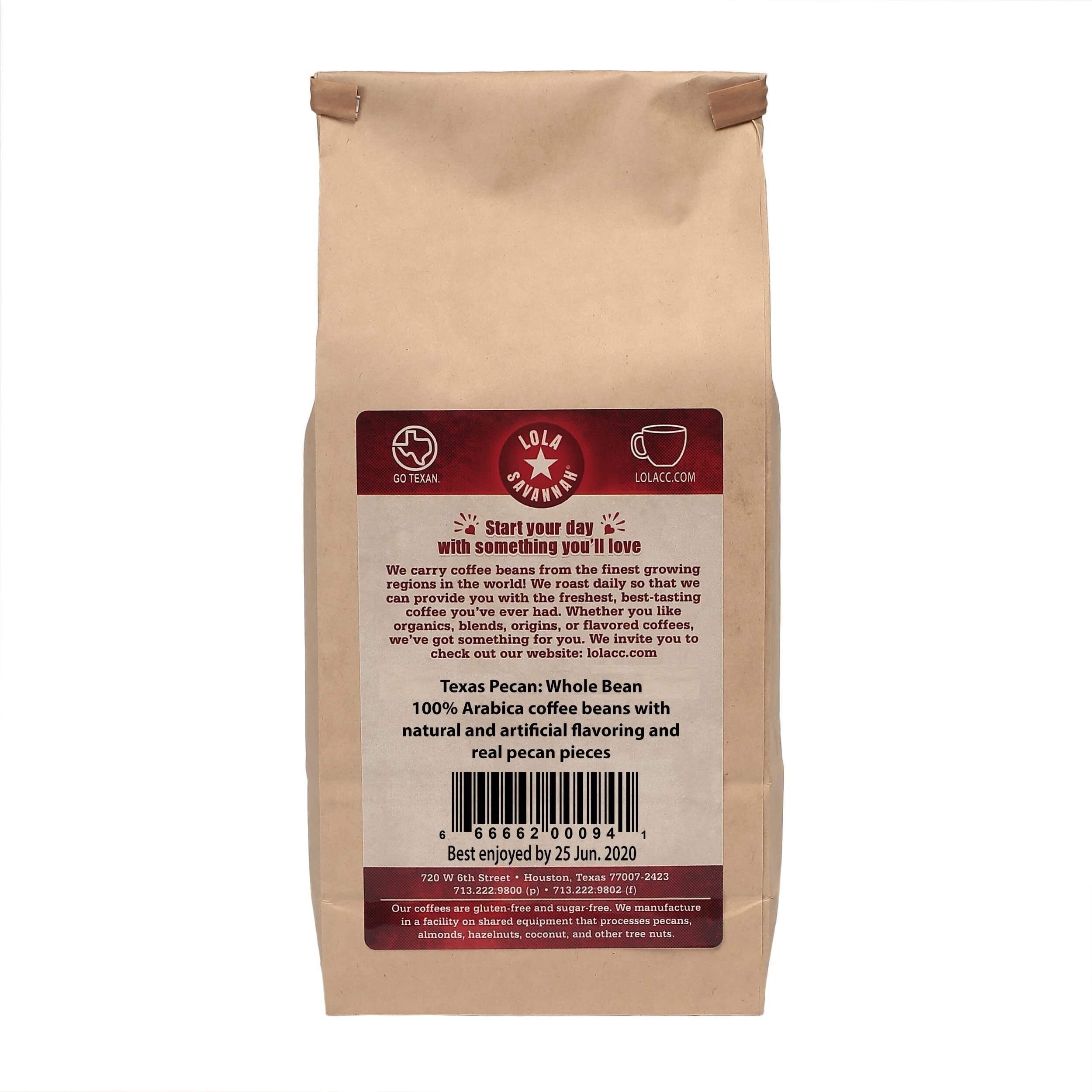 Lola Savannah Texas Pecan Whole Bean Coffee - Gourmet Arabica Beans Blended With Real Pecan Pieces, Caffeinated, 5Lb Bag, 1 Pack