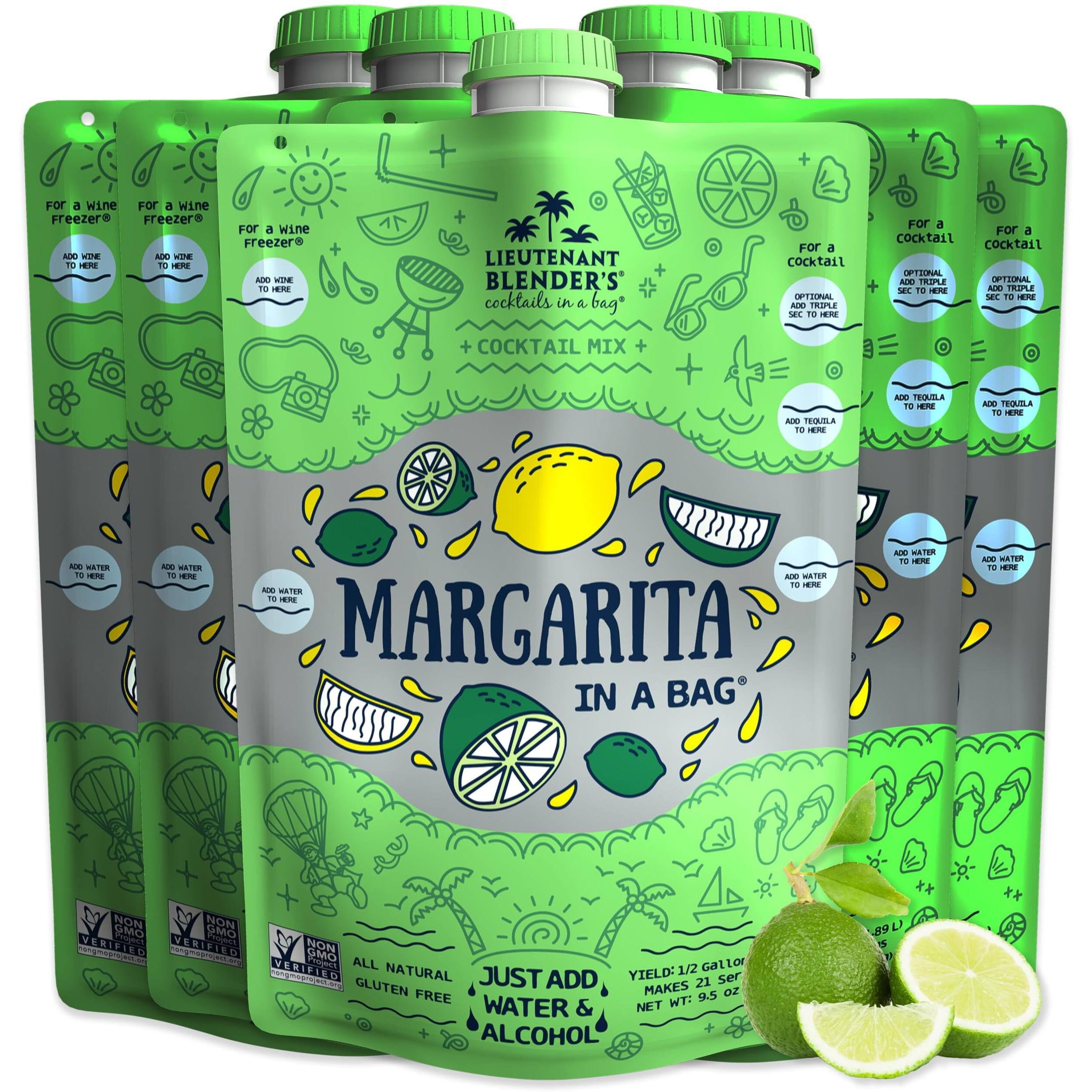 Lt. Blender's Margarita In A Bag - Margarita Mix - Each Bag Makes 1/2 Gallon Of Frozen Margaritas - Non-Gmo Cocktail Mix - No Blender Needed - Add Liquor, Wine Or As A Mocktail (Pack Of 5)